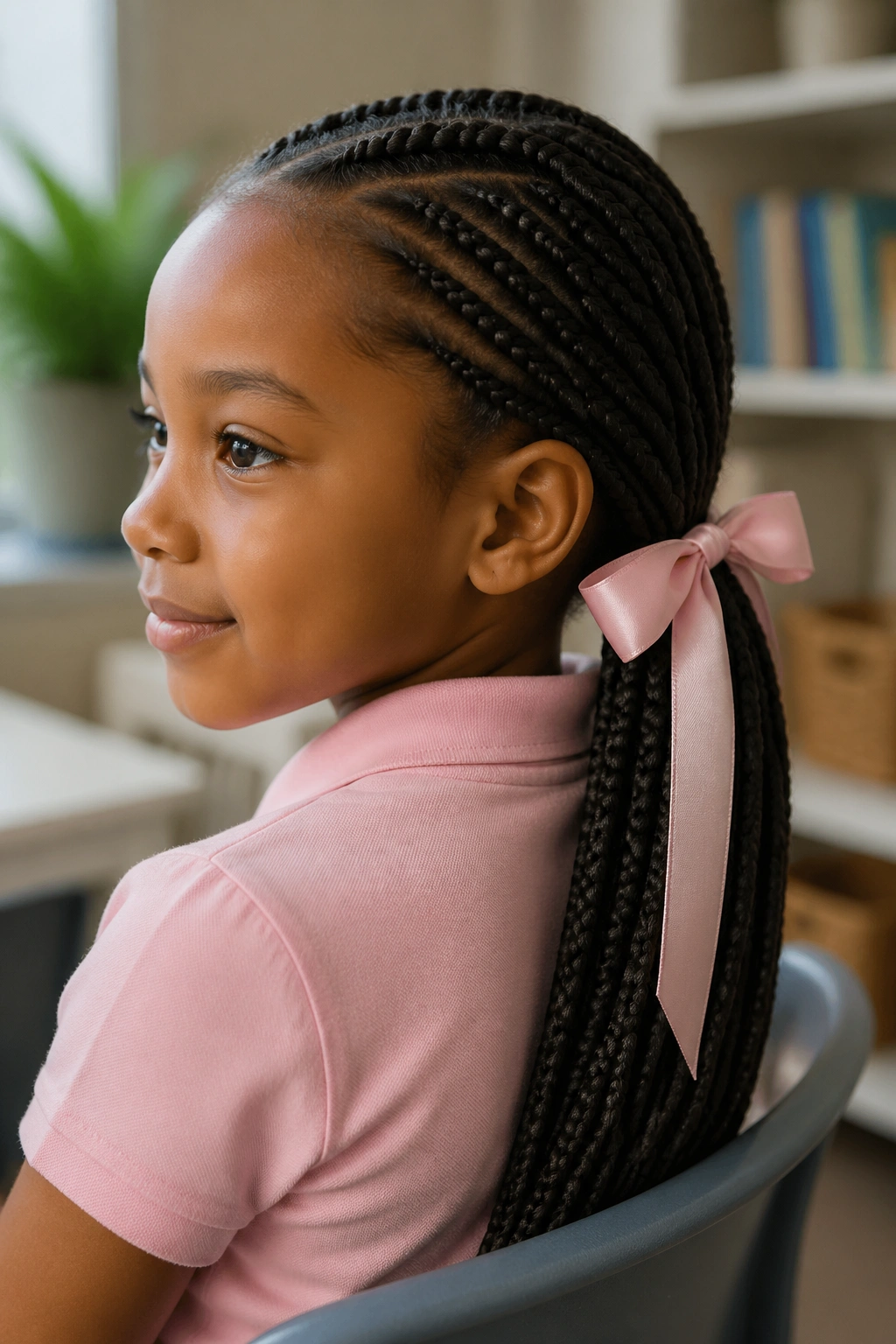 Close-up of a real girl with a low ponytail of box braids and a satin ribbon at the base.