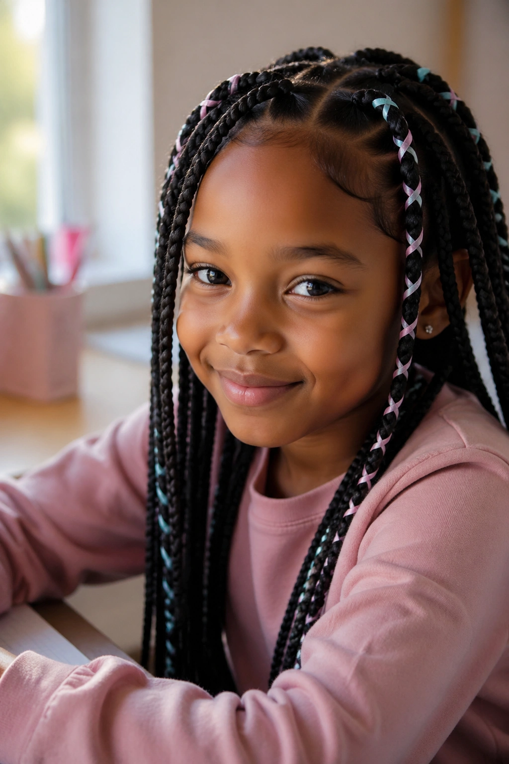 Close-up of a real girl's box braids wrapped with a ribbon.
