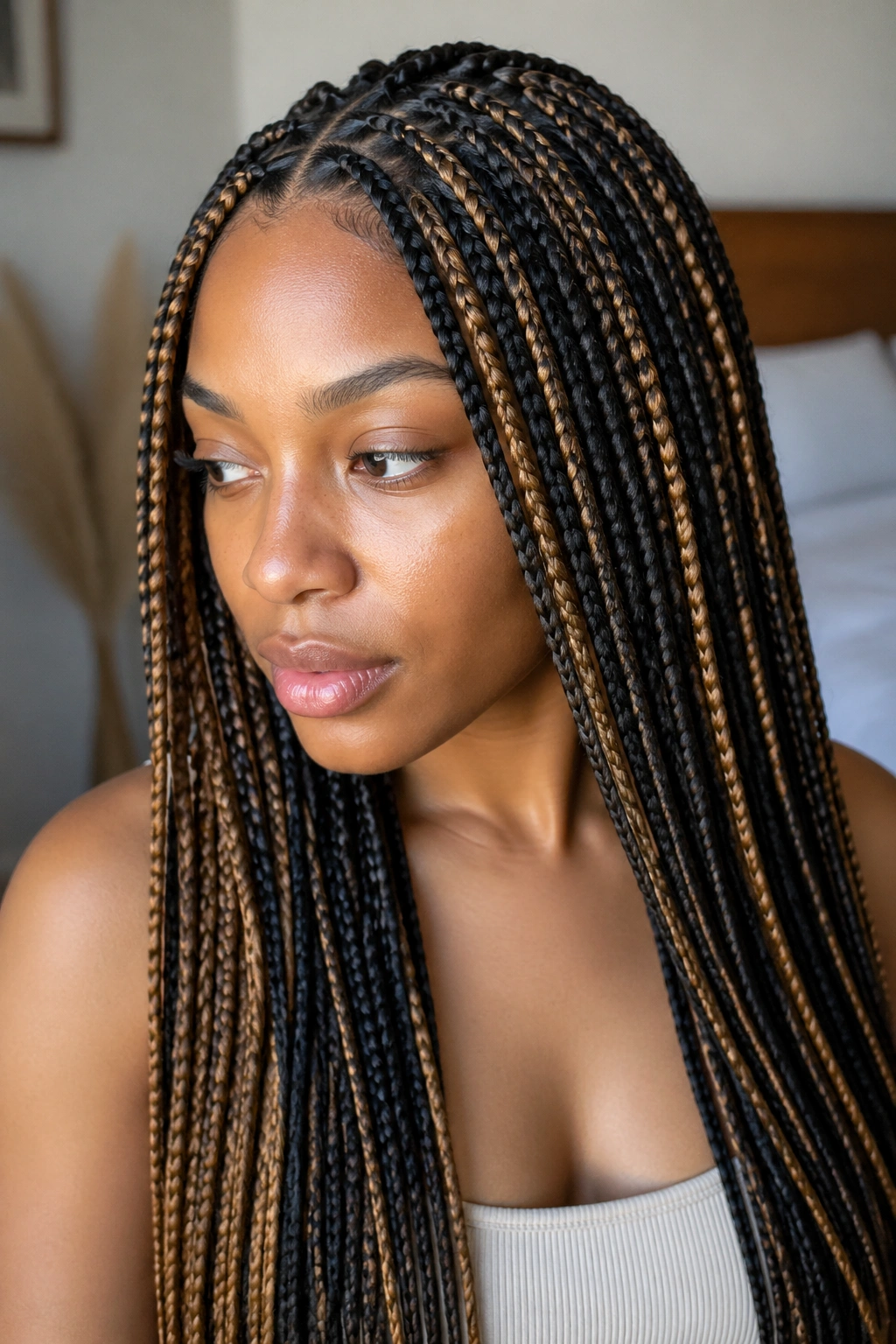 Close-up of jet black rooted box braids with honey blonde ribbons on a real person