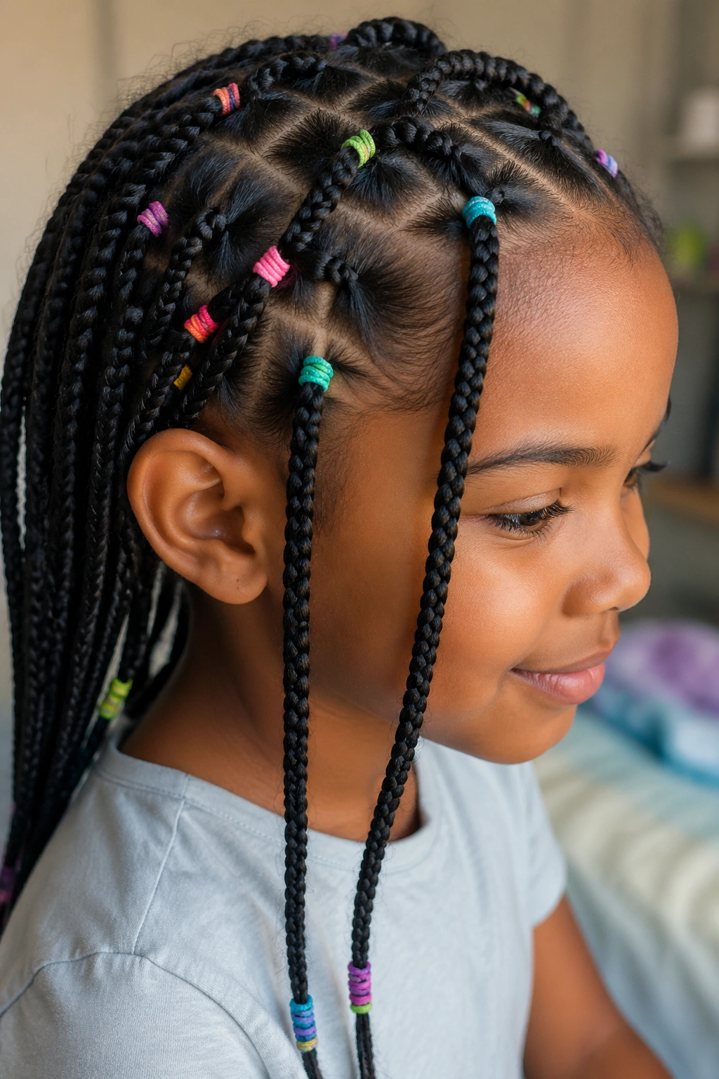 Close-up of a real girl's box braids accented with colorful rubber bands at the roots.