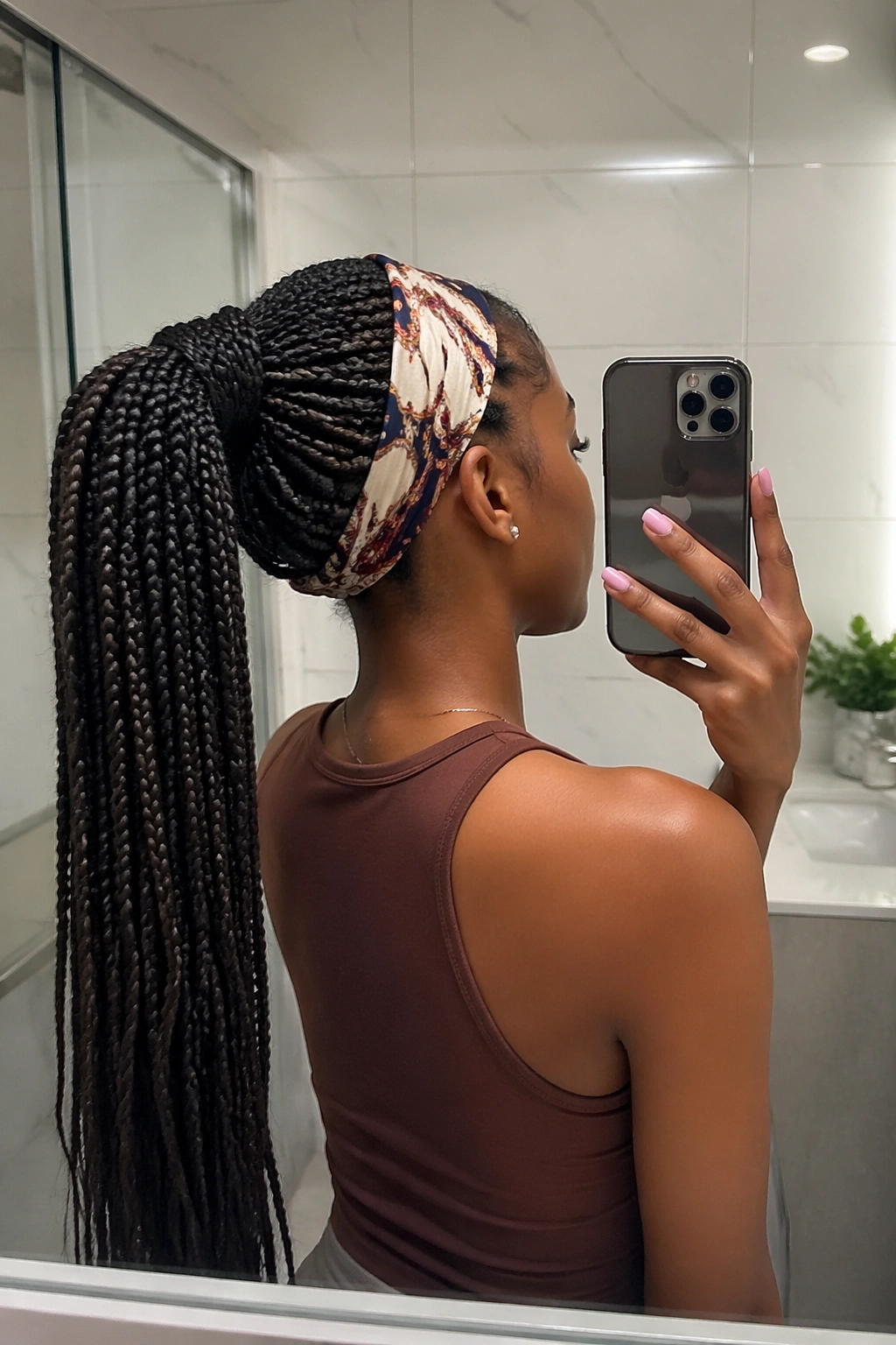 Over-the-shoulder view of box braids with a printed scarf headband in a bright bathroom.