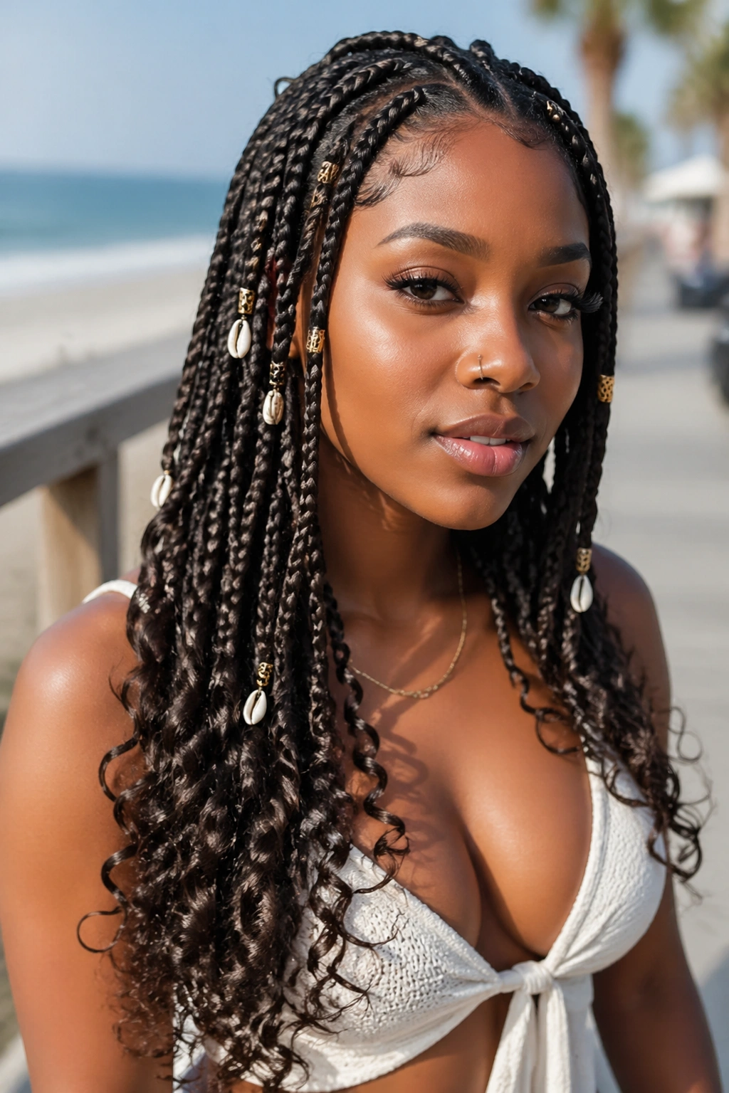Close-up portrait of a real woman with glam box braids, curly ends, and shell cuffs against a beach boardwalk.