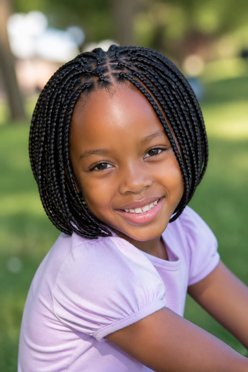 Close-up of a real child girl with rounded short box braids.