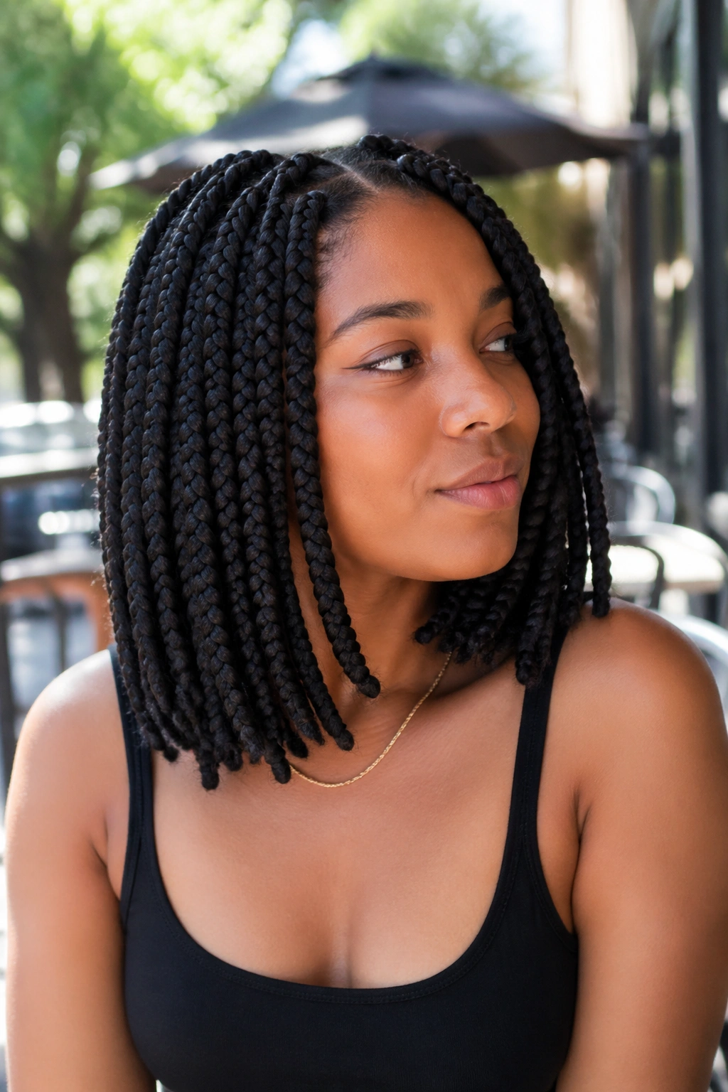 Close-up of shoulder-length jumbo box braids at collarbone on a real woman