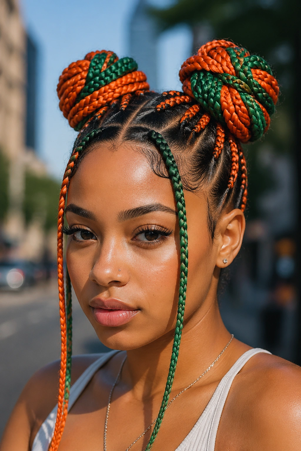 Close-up portrait of a real woman with two space buns in green and orange box braids.