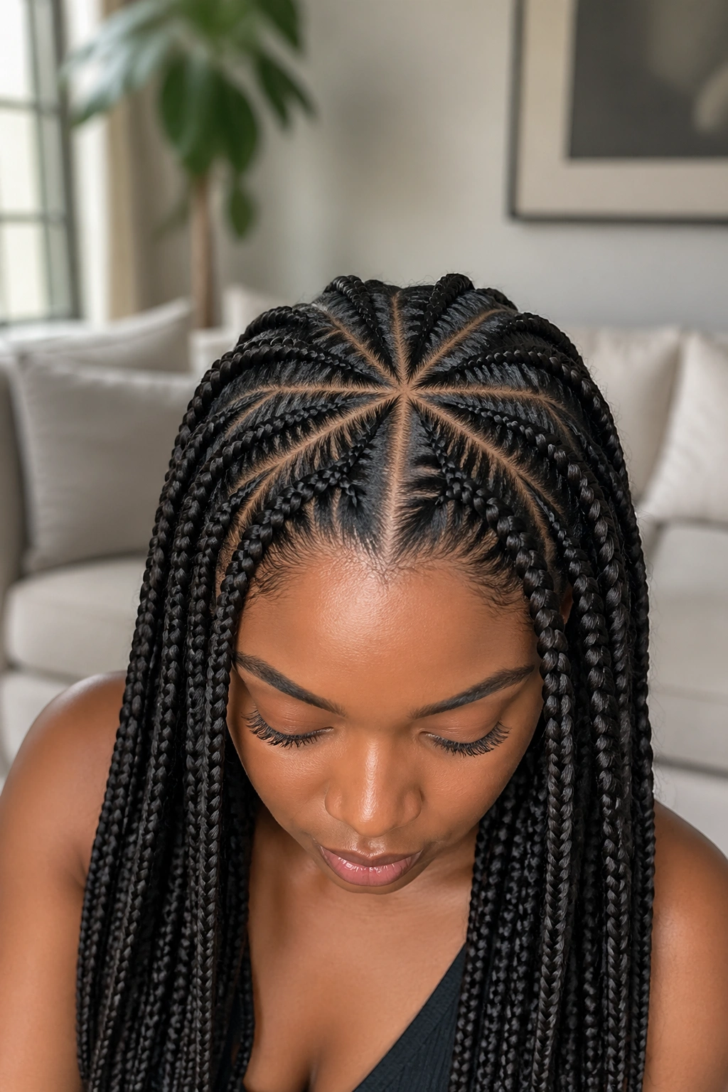 Close-up of a real woman with a center-part starburst crown of six to eight sharp box braid points.
