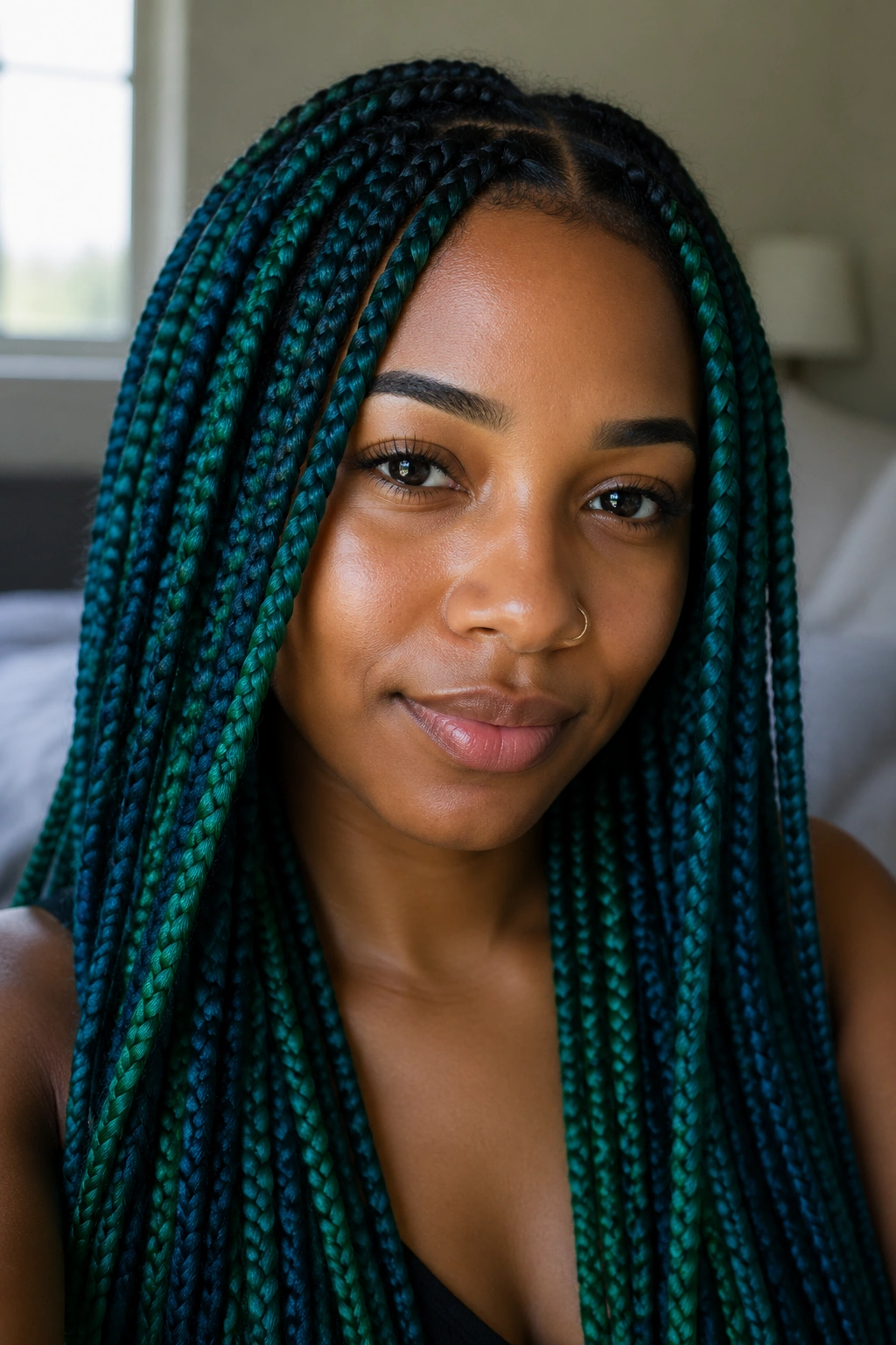 Close-up portrait of a real woman with deep teal and green box braids and dark roots