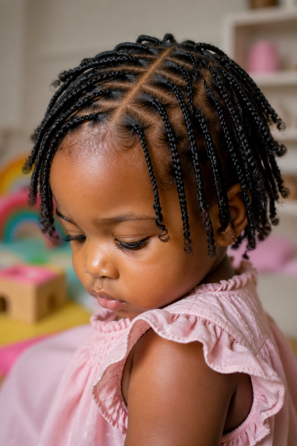 Toddler with small box braids close-up