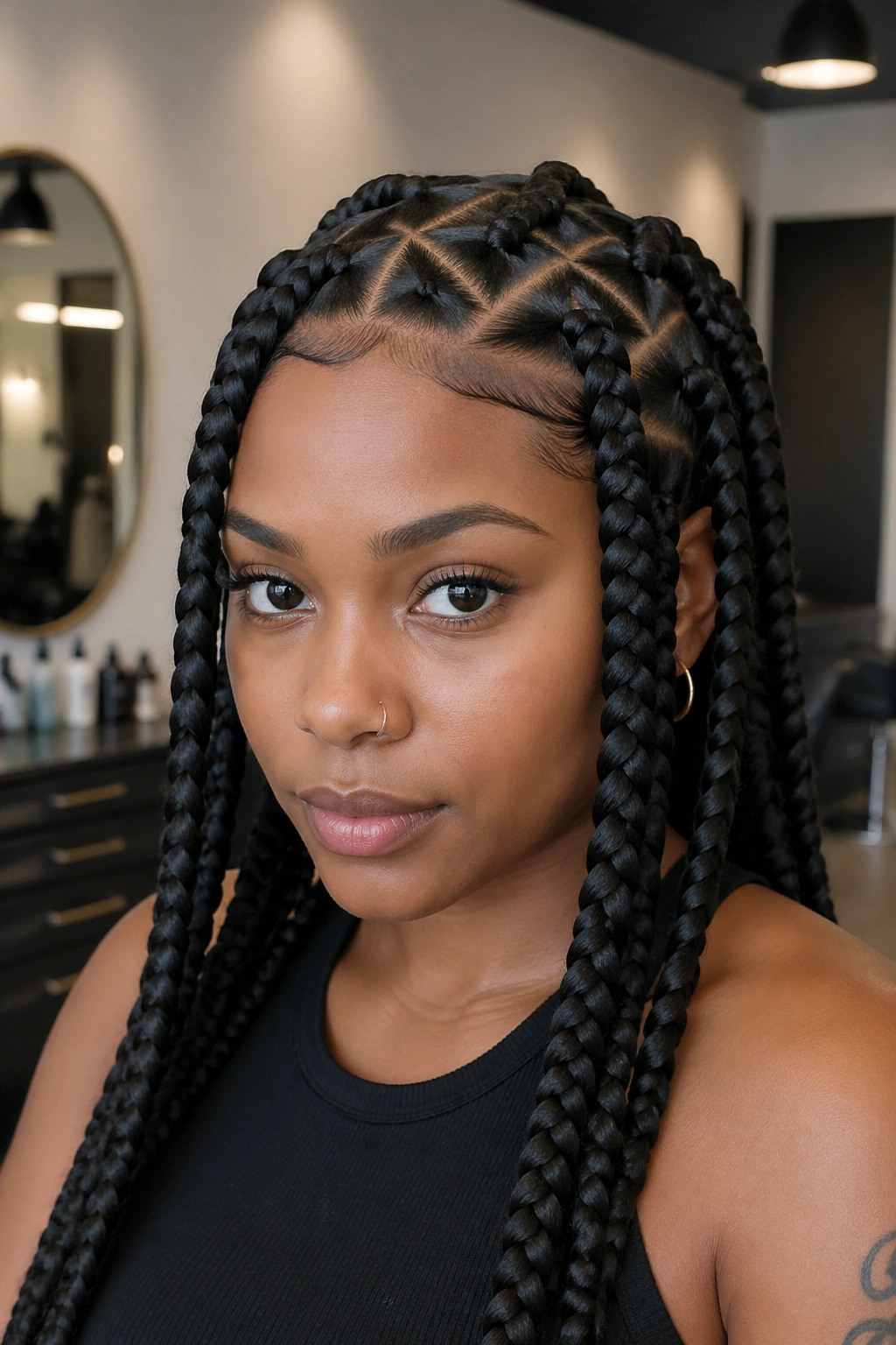 Close-up of jumbo box braids with triangle parts on scalp