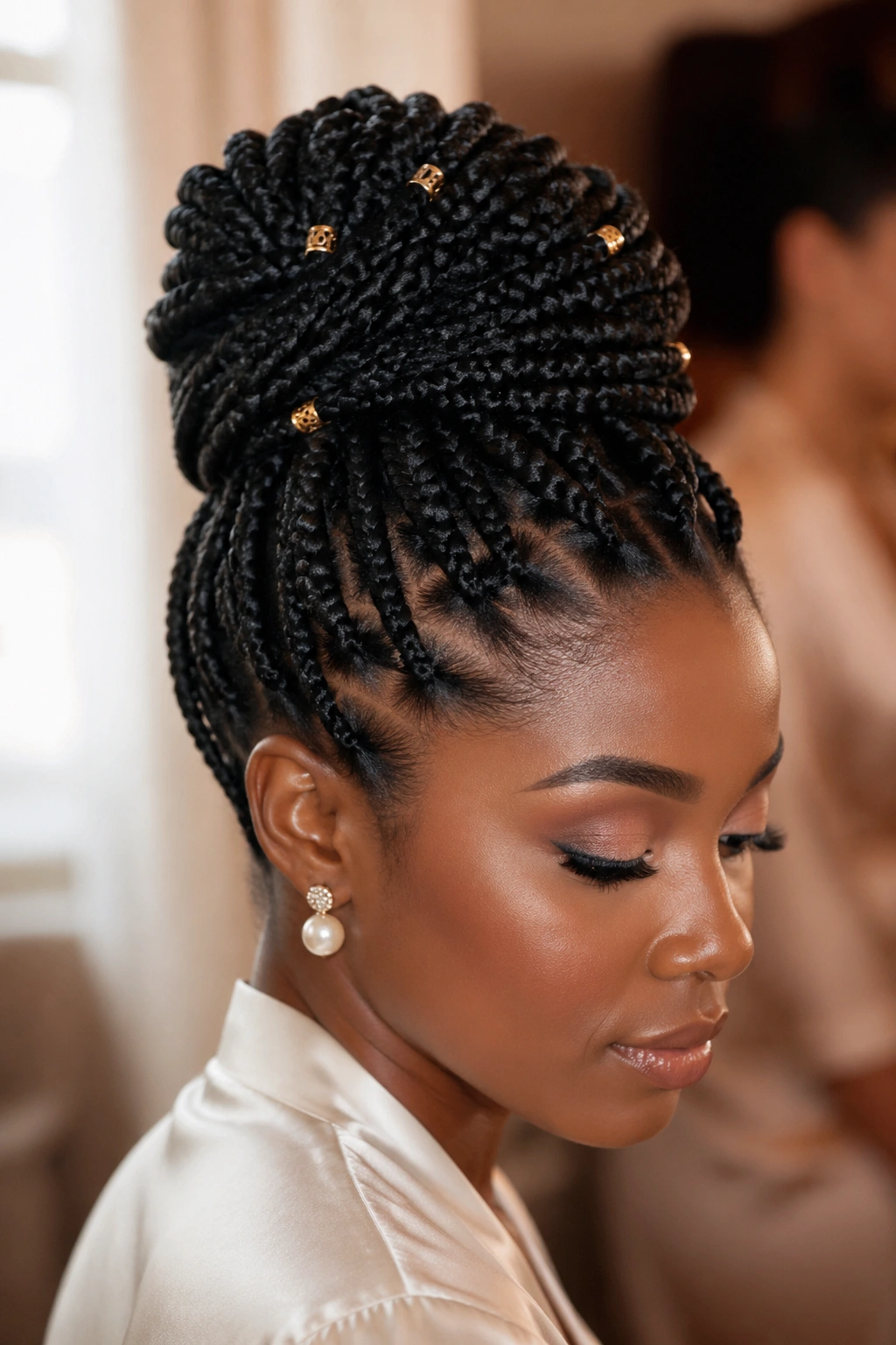 Close-up of box braids gathered into an updo with gold cuffs.
