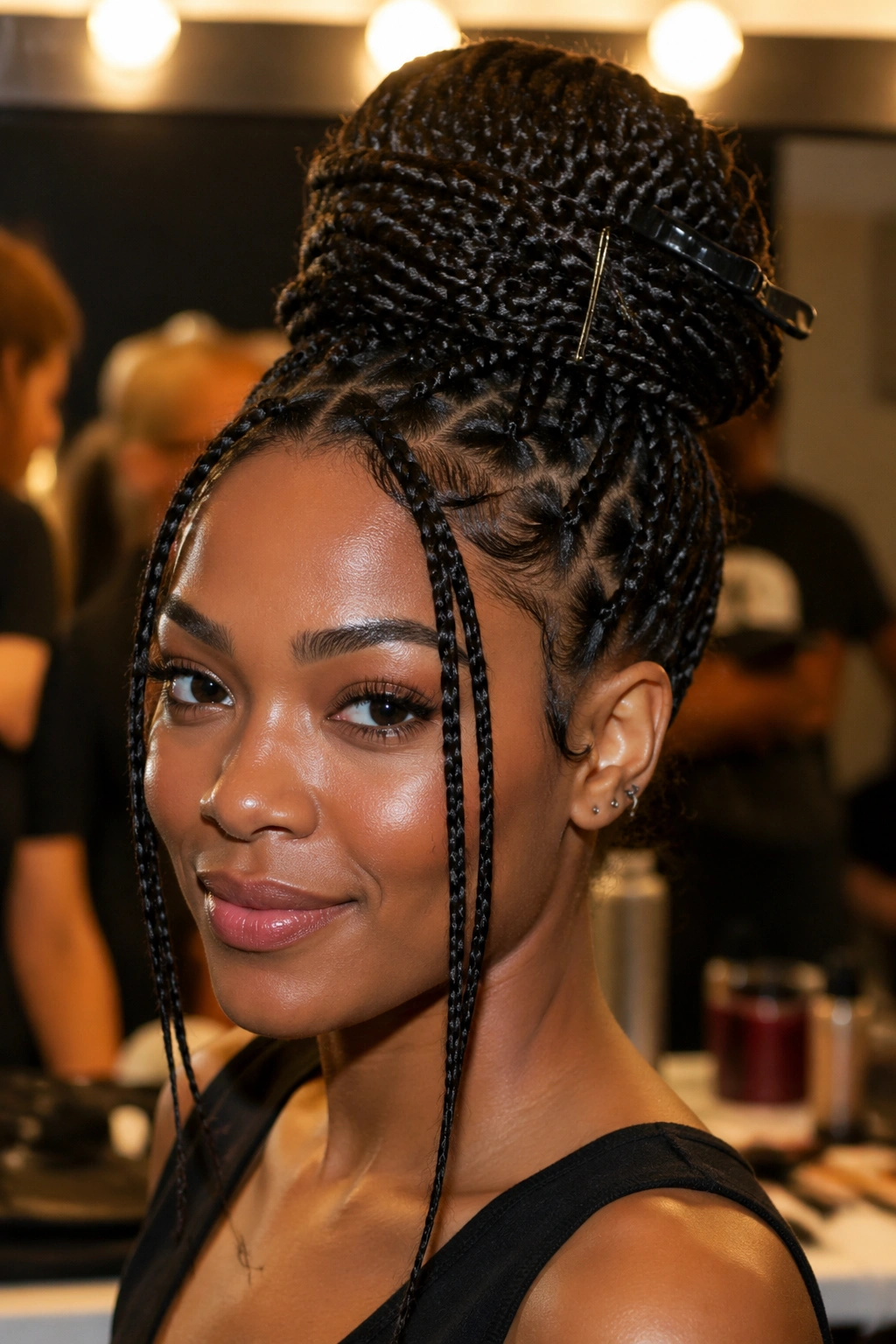 Close-up of protective box braid updo with a large twisted bun and front-face framing braids.