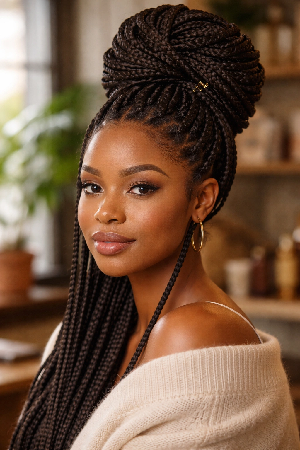 Close-up of a real woman with thick afro hair in a braided updo
