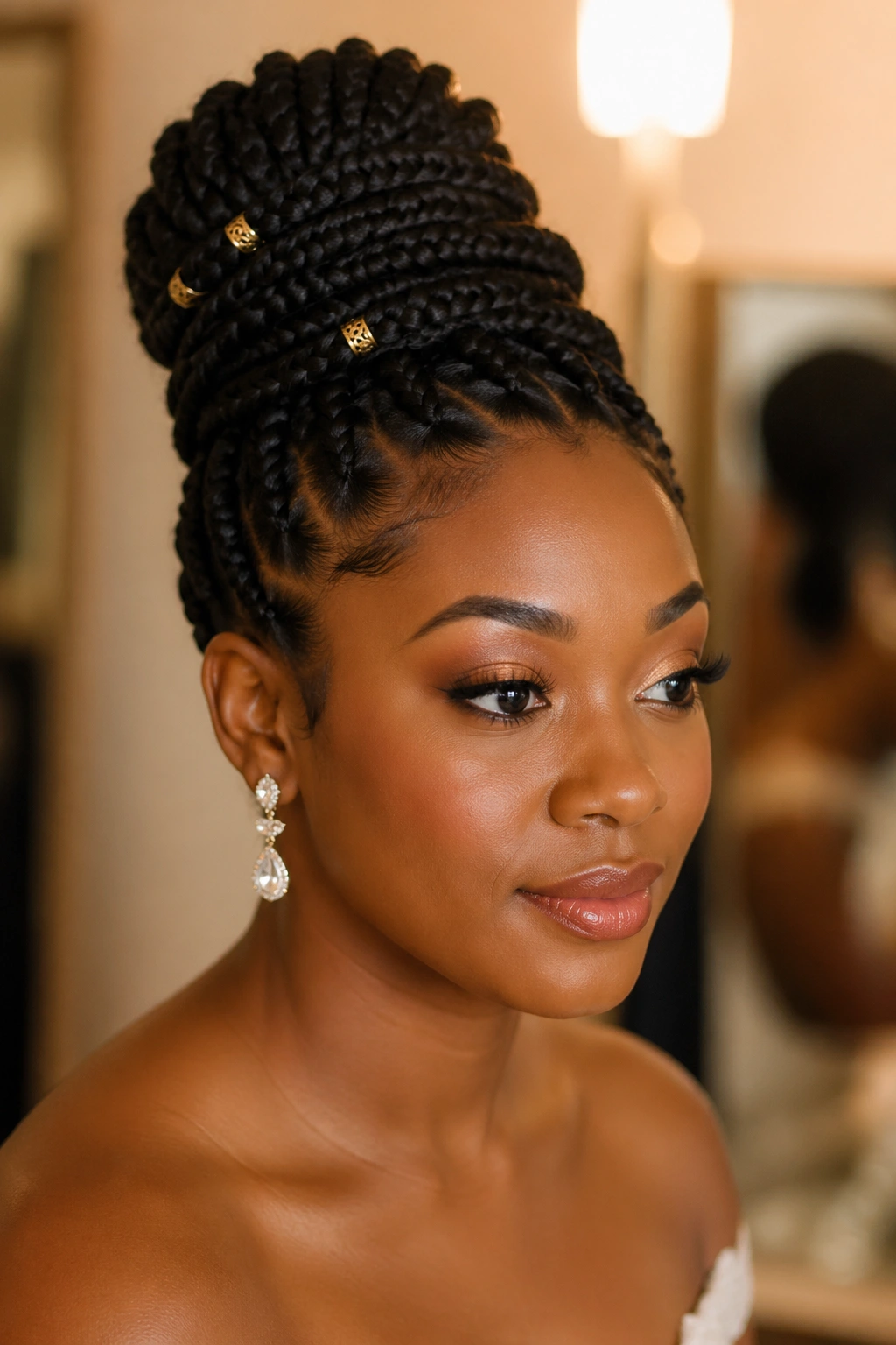 Close-up of a real woman with box braids styled into a polished updo