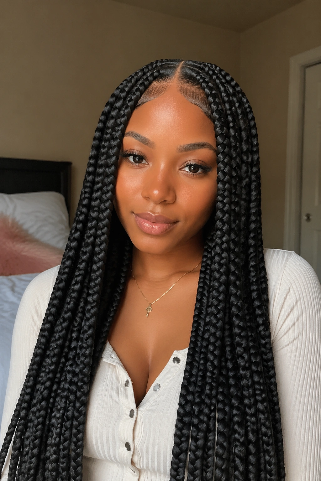Close-up portrait of a real woman with waist-length jumbo box braids in a center part