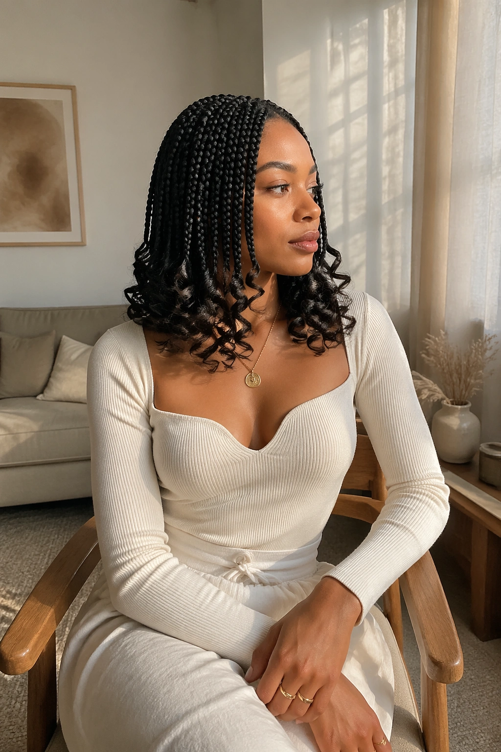 Box braids with wand-curled ends in a bright living room.