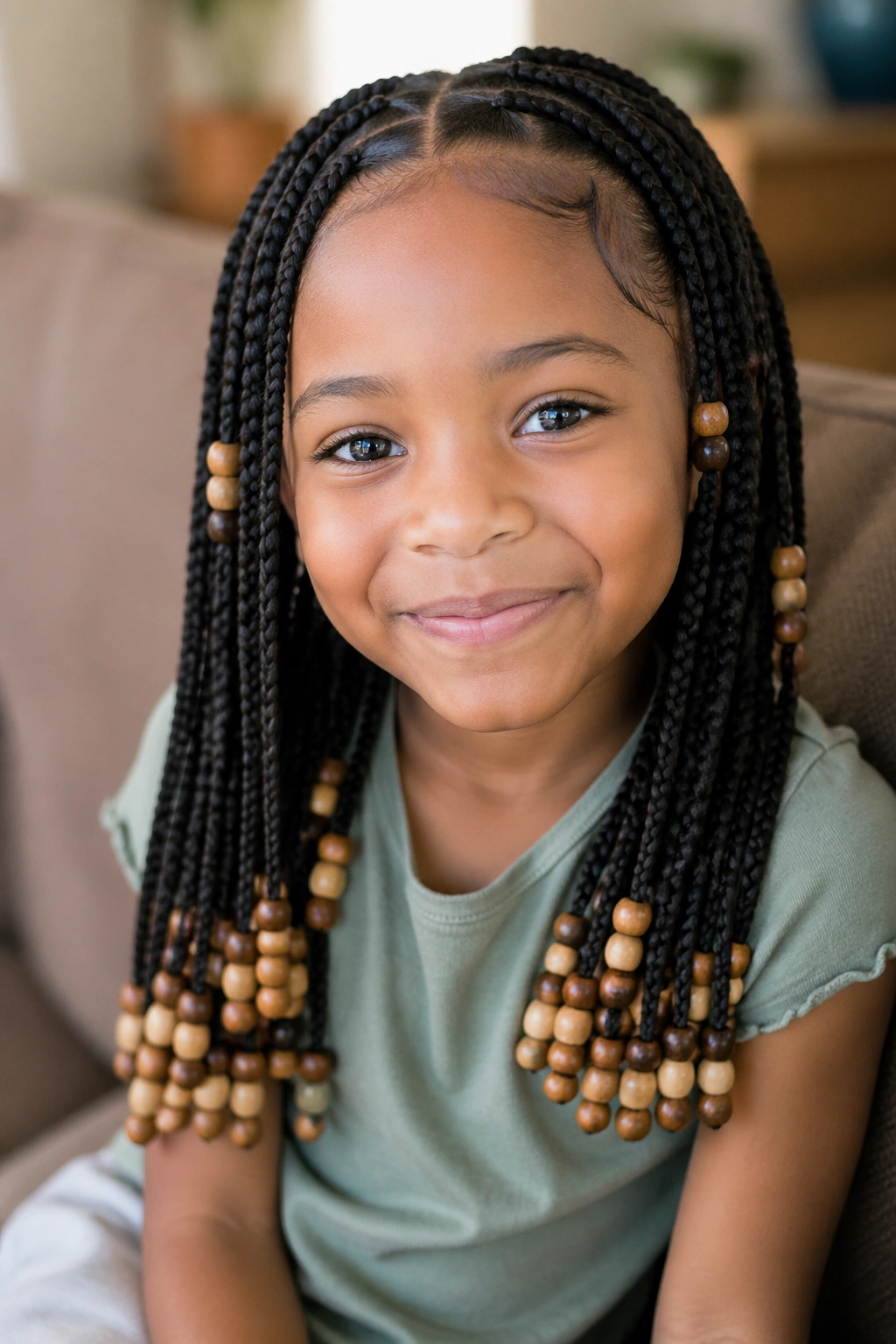 Close-up of a real girl's box braids with wooden beads at the ends.