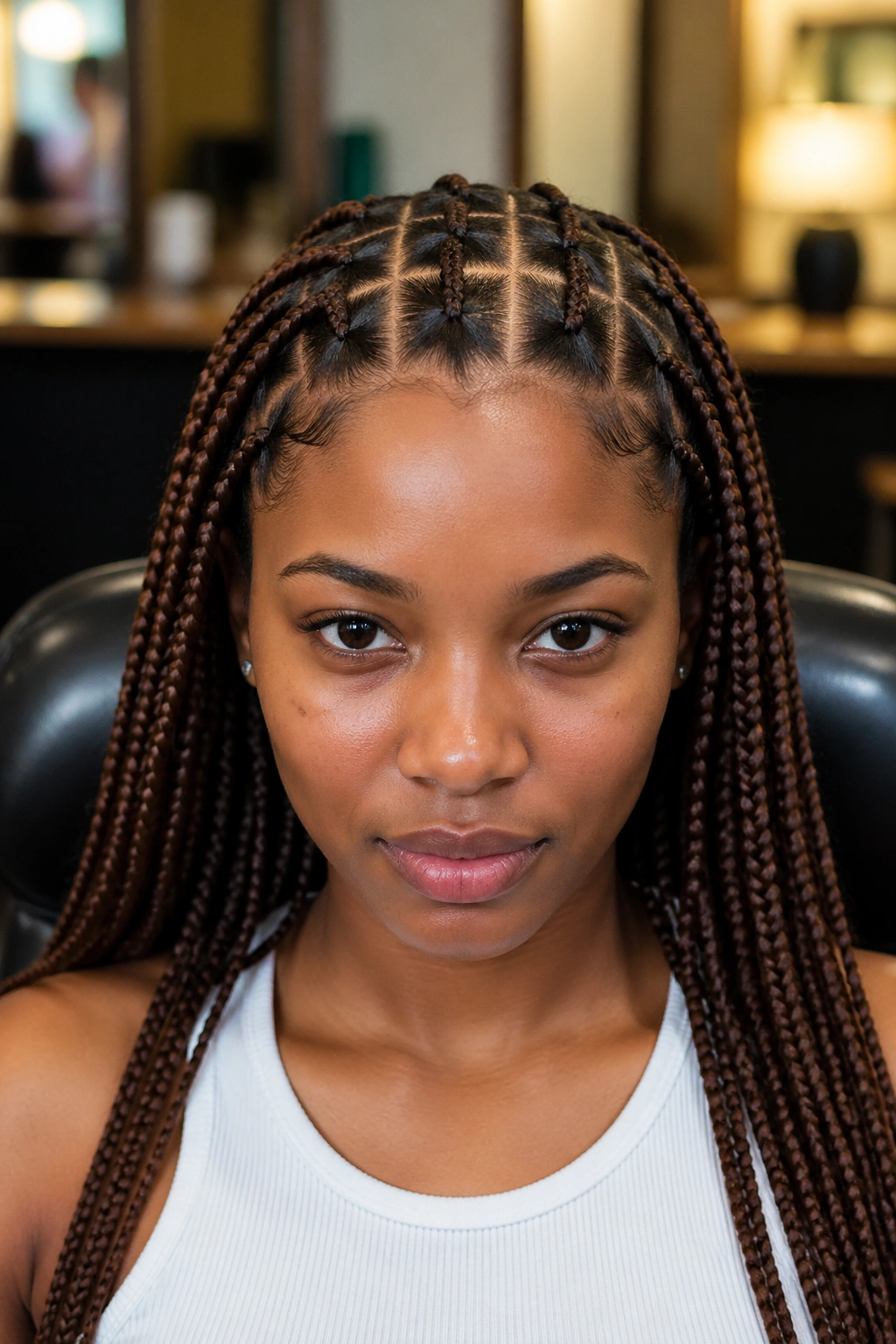 Front portrait of walnut brown box cornrows in a grid pattern.
