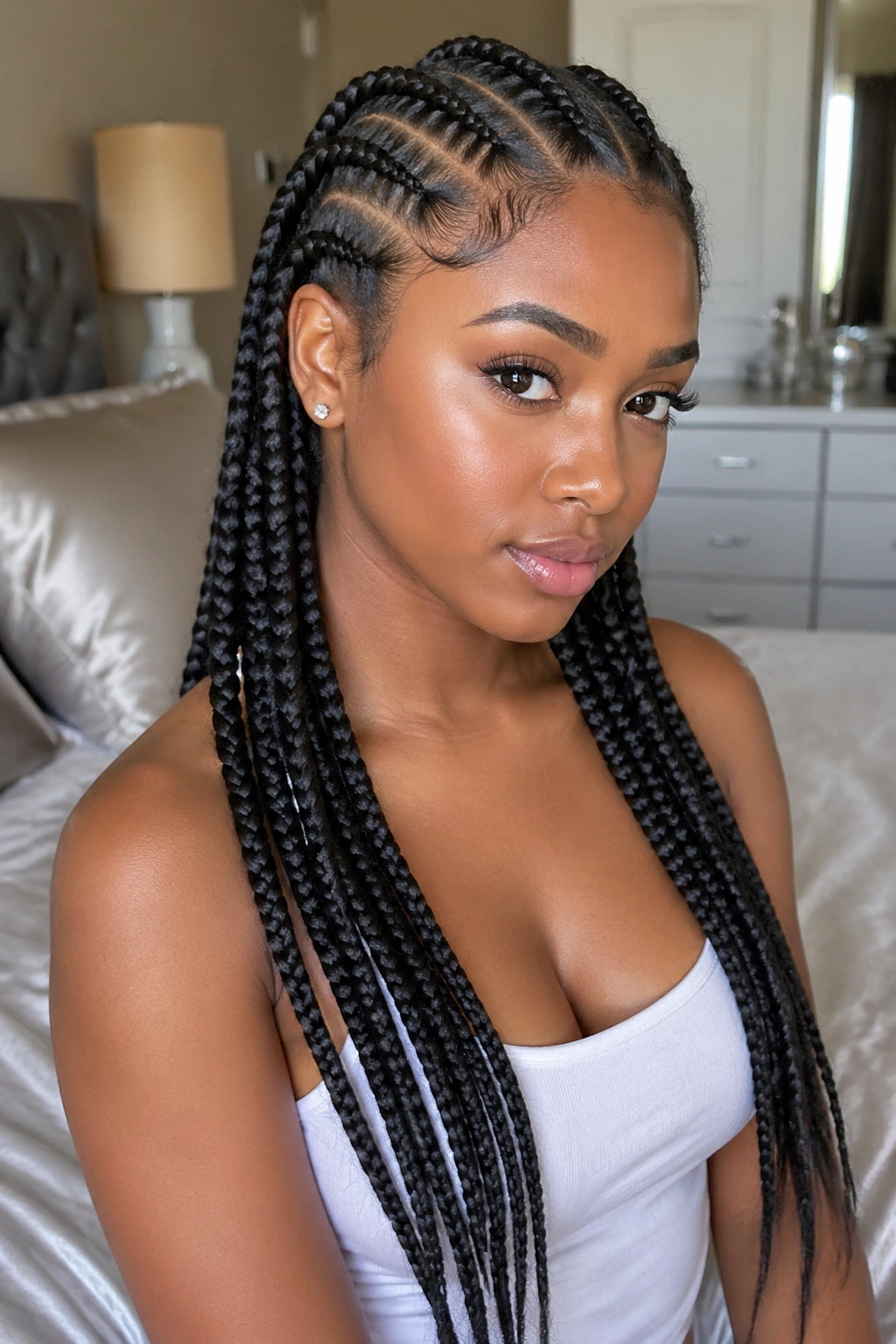 Close-up of real person with eight long box-length cornrows