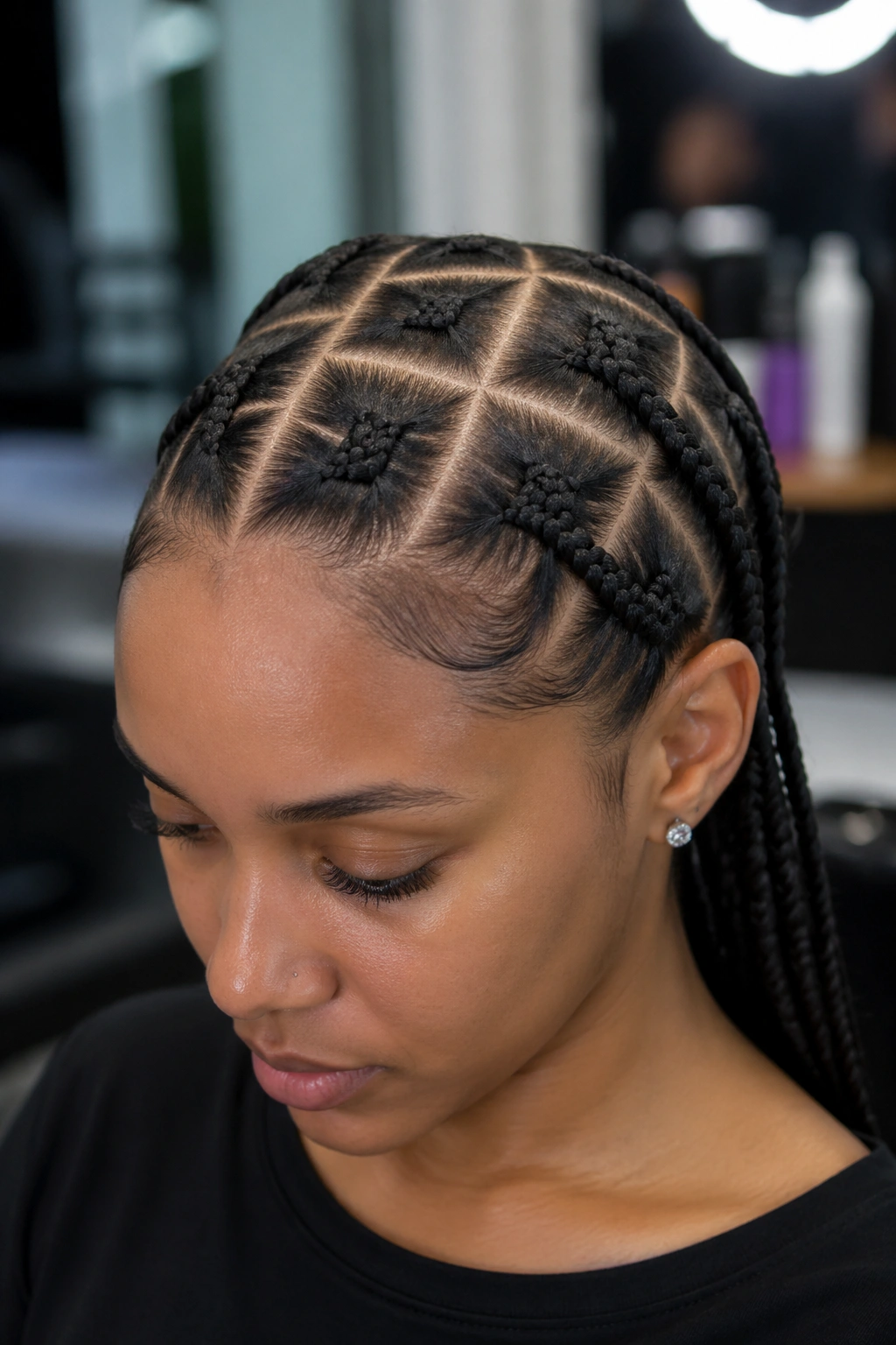 Close-up of box-pattern needle cornrows on a real person's scalp