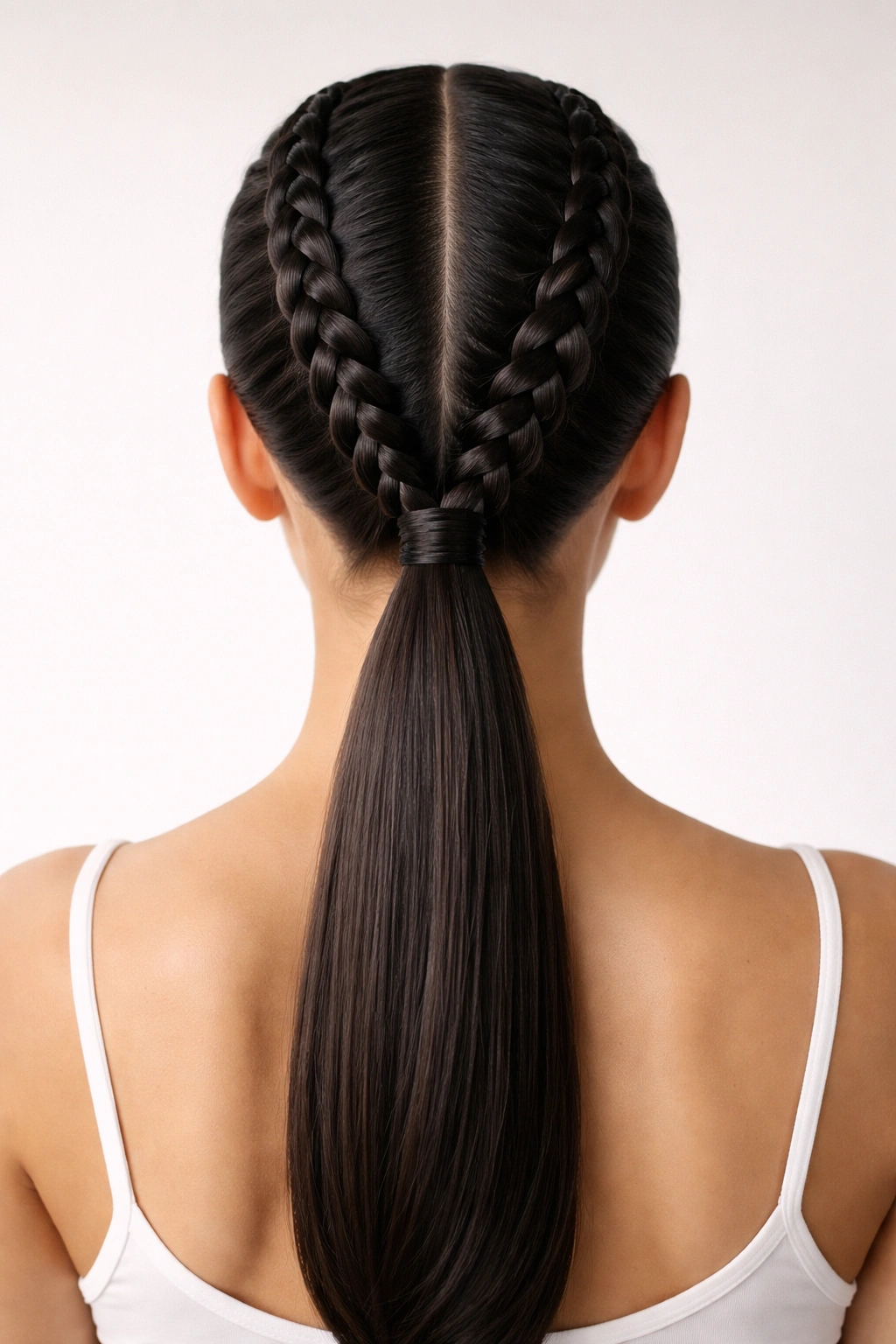 Back view of boxer-braid low ponytail with two tight scalp braids meeting at the nape