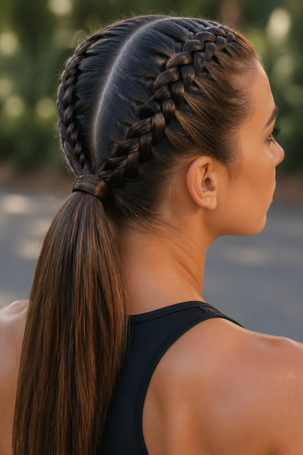 Close-up of a real woman with Boxer Braid Ponytail featuring mirrored Dutch braids and a sleek ponytail.