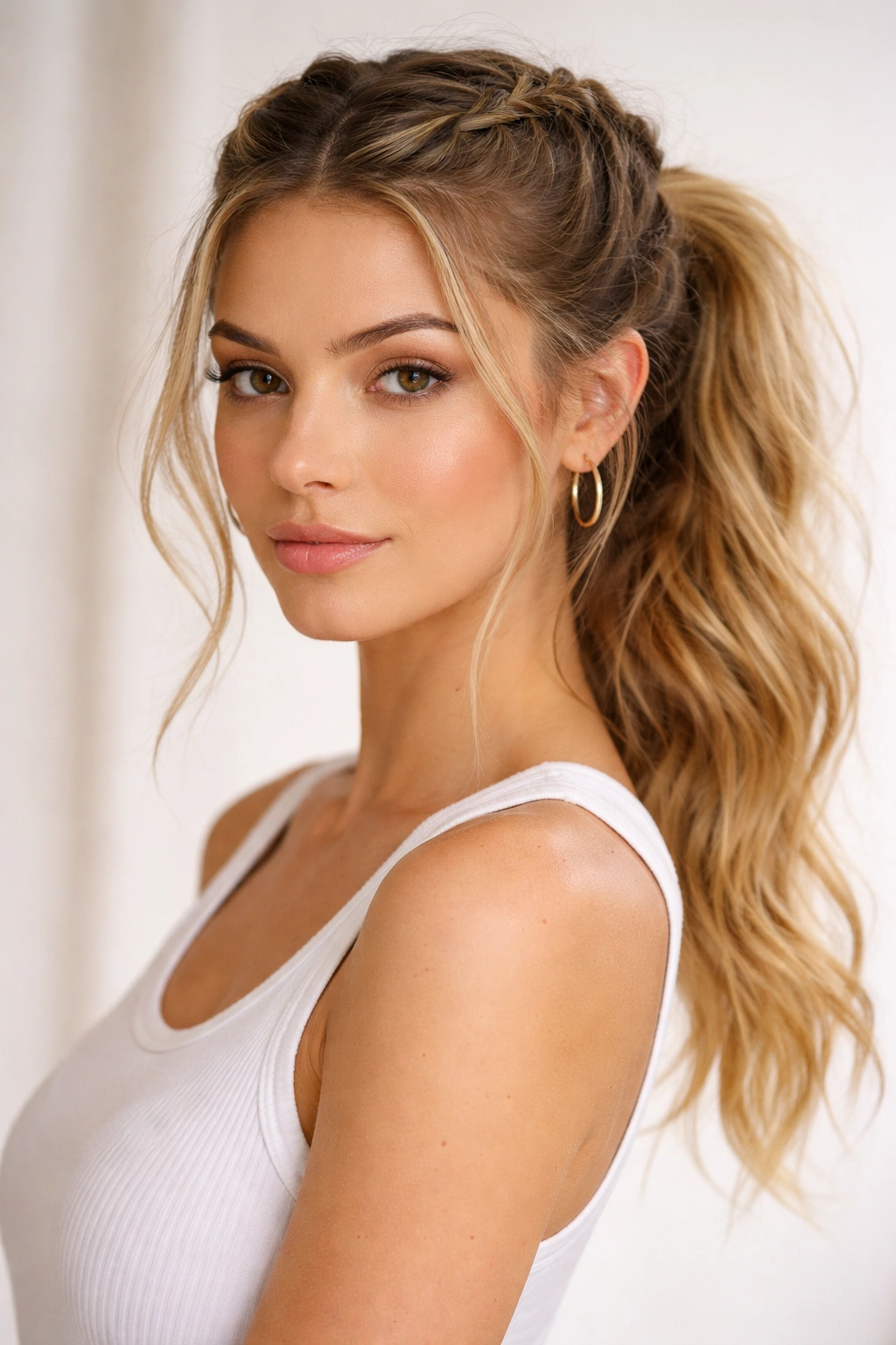 Two Dutch boxer braids loosening into a ponytail with widened seams