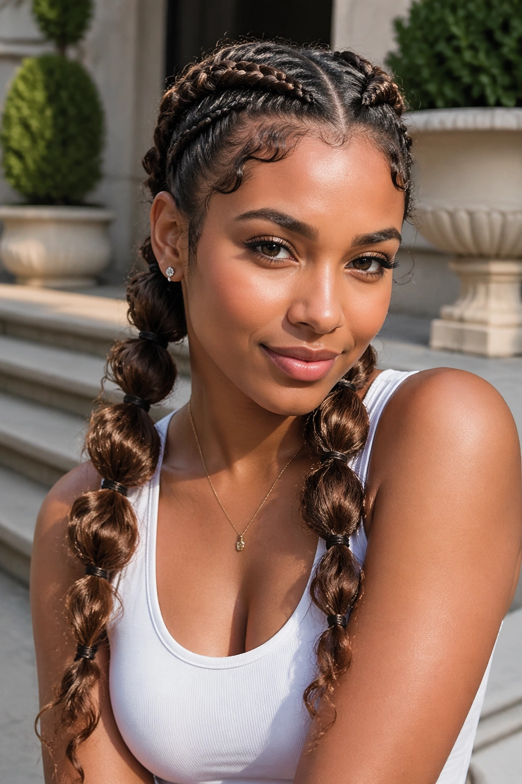 Close-up of boxer braids with bubble ends on a real woman in a sunny outdoor setting