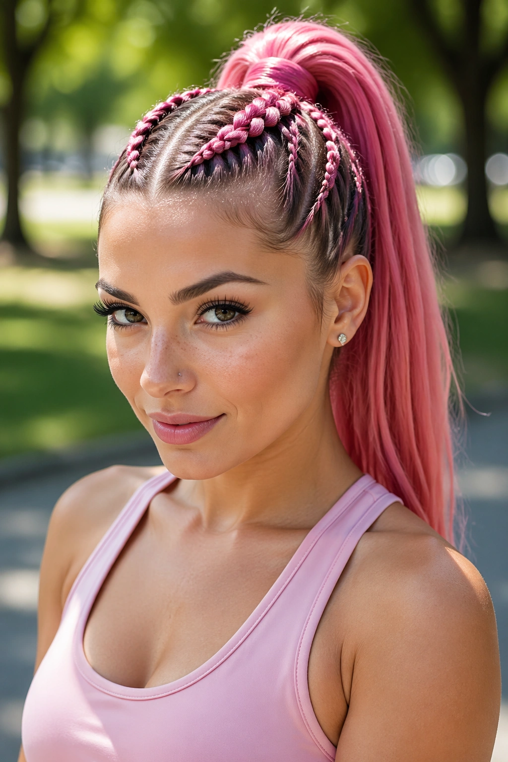 Real woman with two boxer braids leading into a pink ponytail