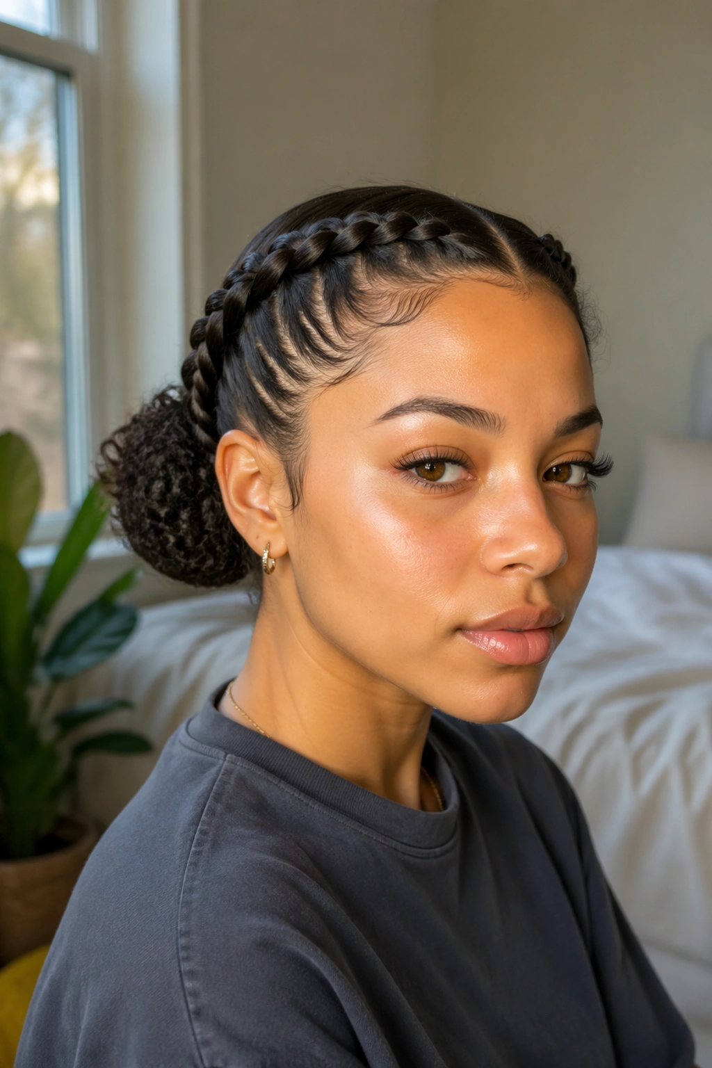 Close-up of boxer braids ending in a puff on a real person