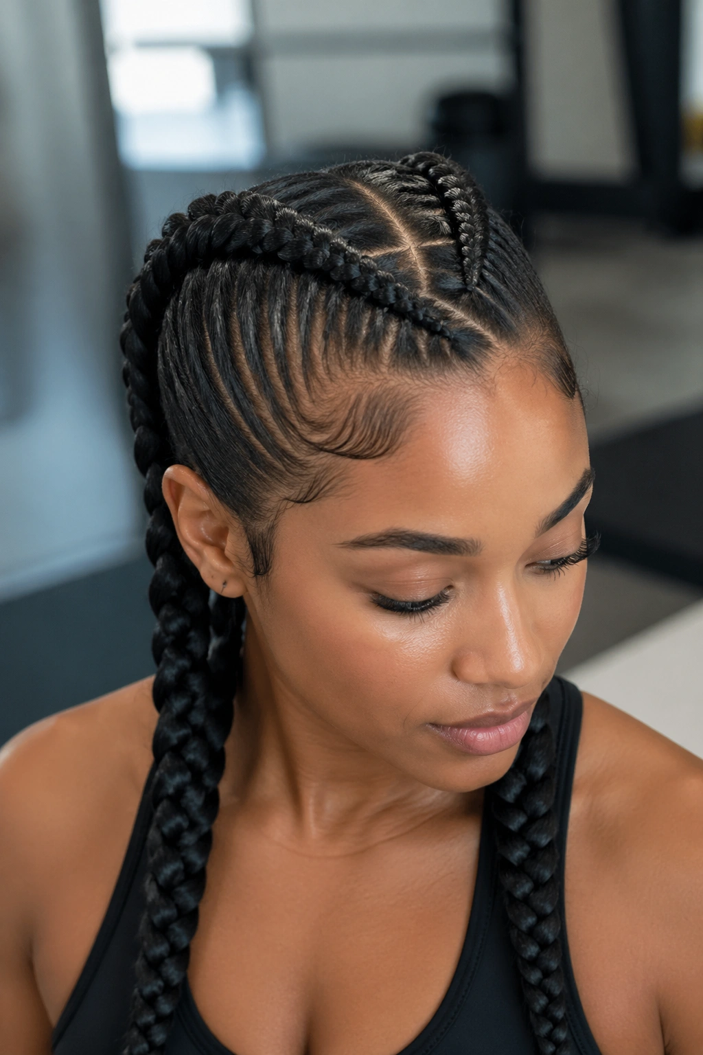 Portrait of a real woman with boxer-style double cross cornrows