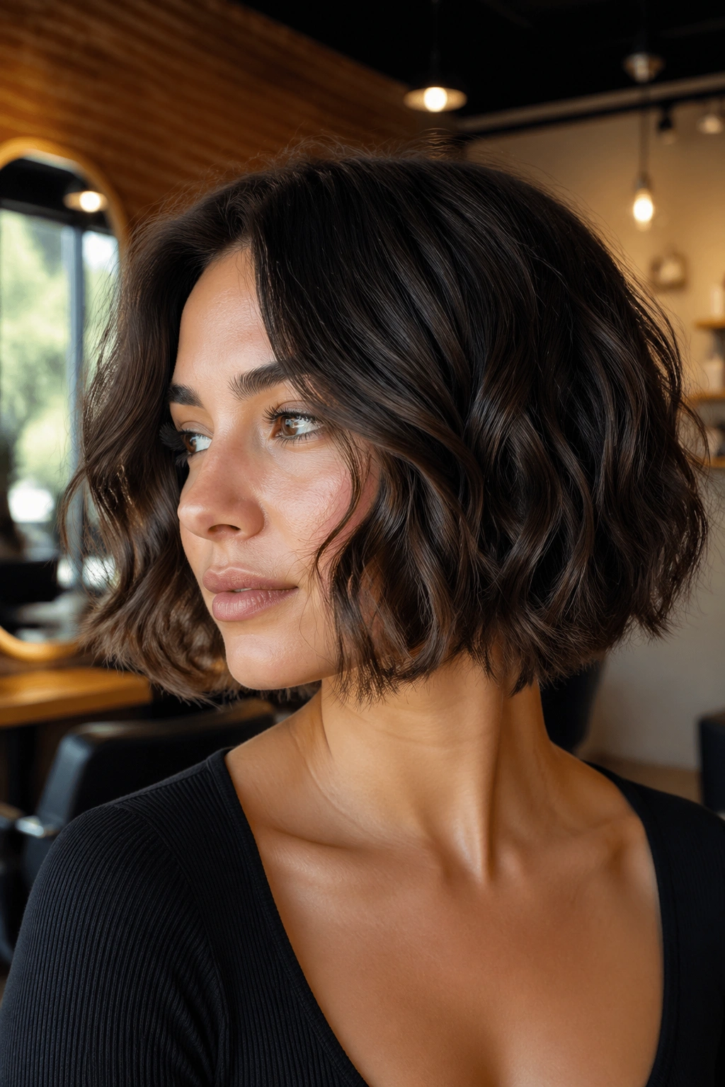 Close-up of a real woman with Boxy Bob With Soft Movement hairstyle in a warm salon