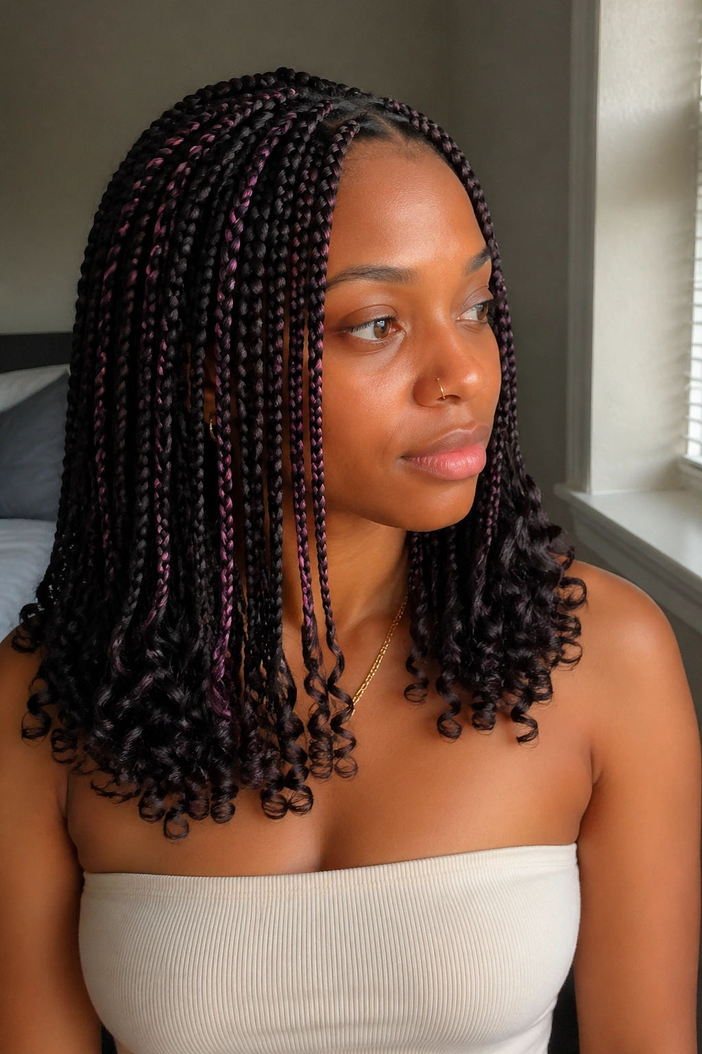 Close-up portrait of a real woman with bra-strap-length knotless box braids and curly drops