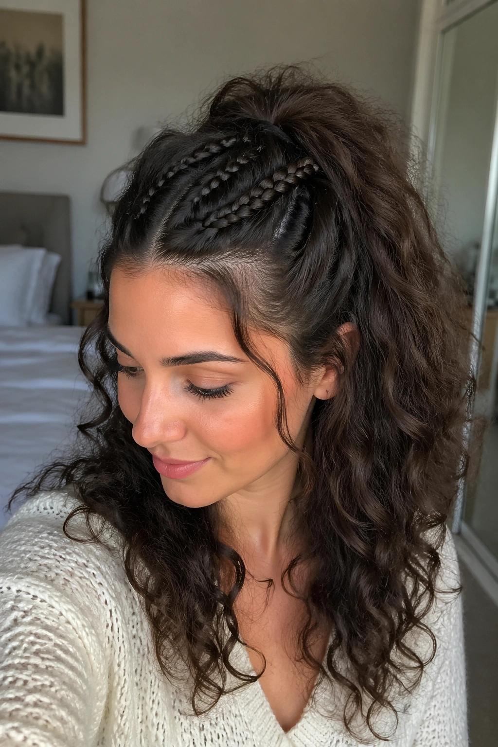 Close-up portrait of a real woman showing tiny braid accents in a half ponytail