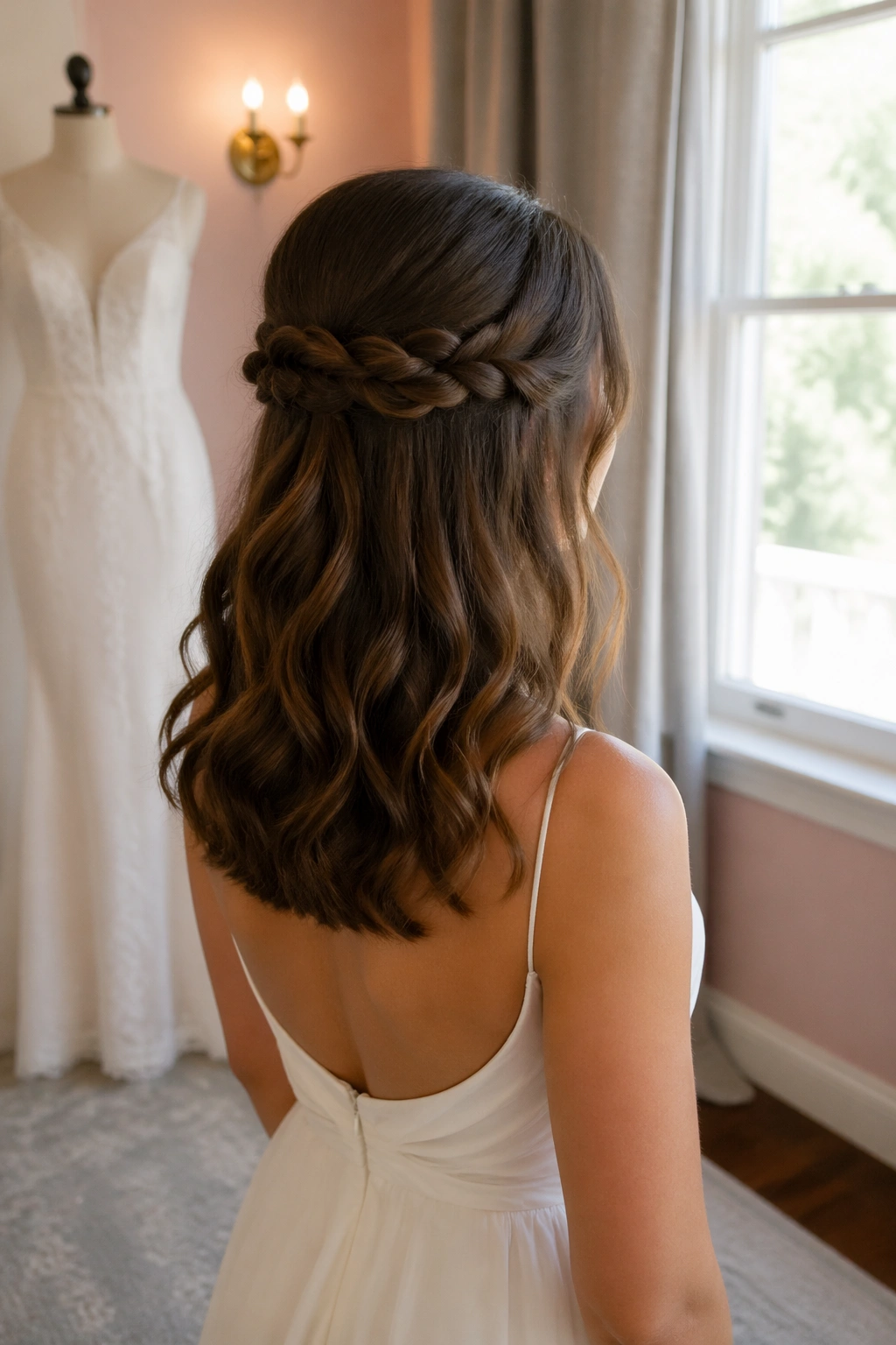 Infinity braid accent on medium-length brunette hair