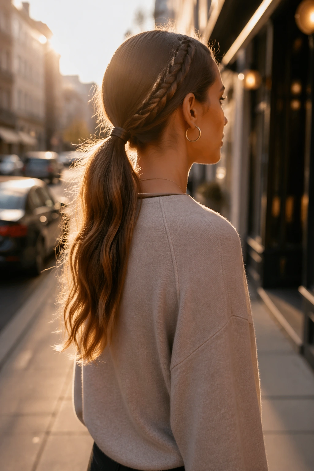 Side view of low V part ponytail with a slim accent braid in an urban setting.