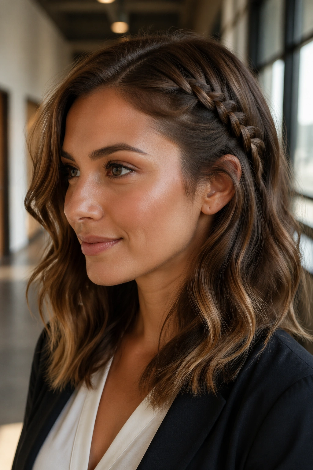 Close-up of a real woman with a low braided accent under soft waves, ideal interview hairstyle