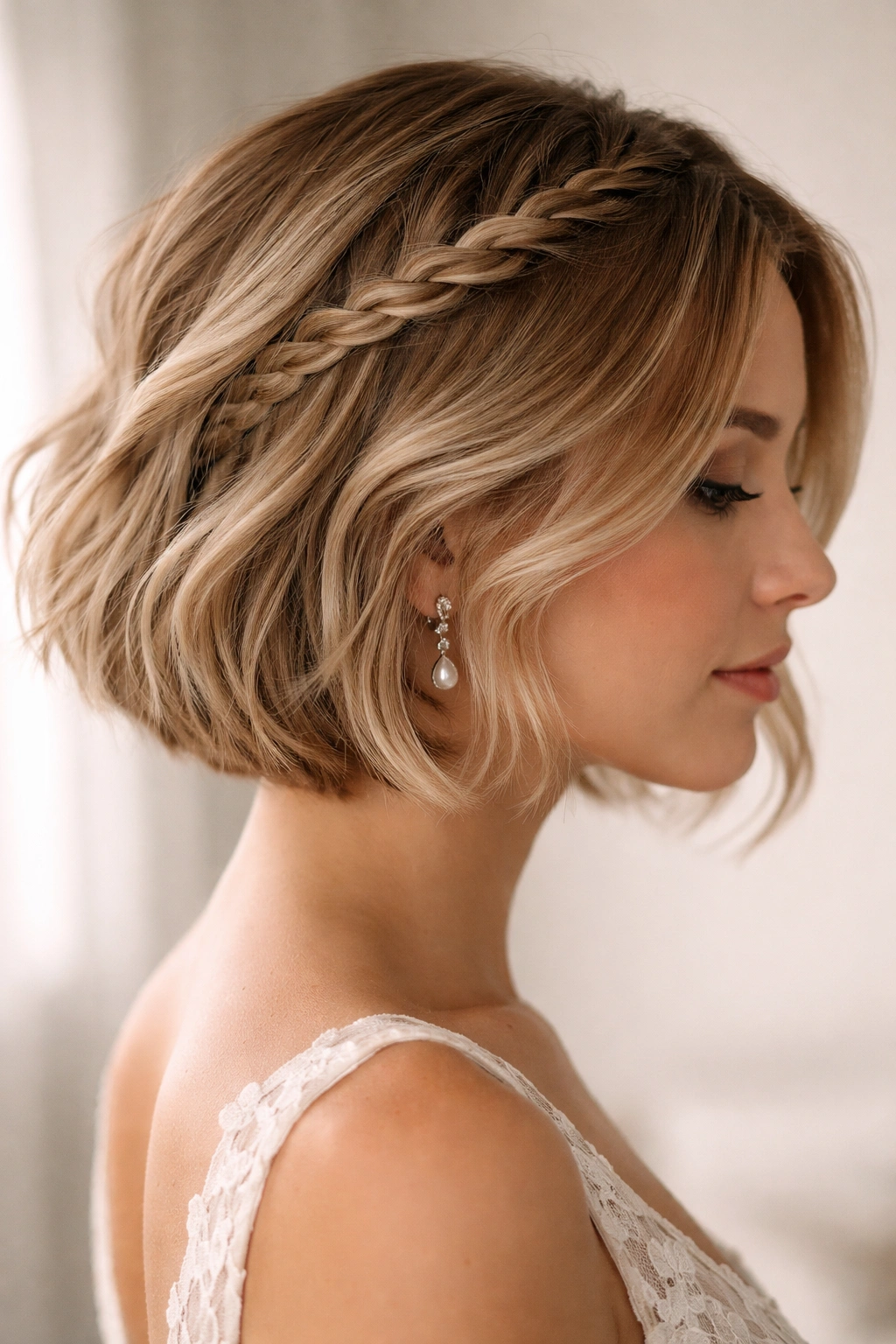 Profile view of a bob with a single thin braid along the hairline tucked behind the ear