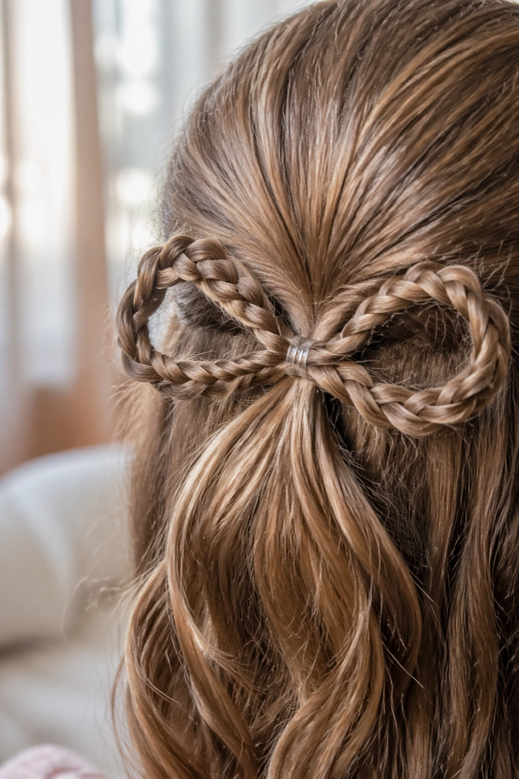 Close-up of braided bow accent on medium hair in soft morning light
