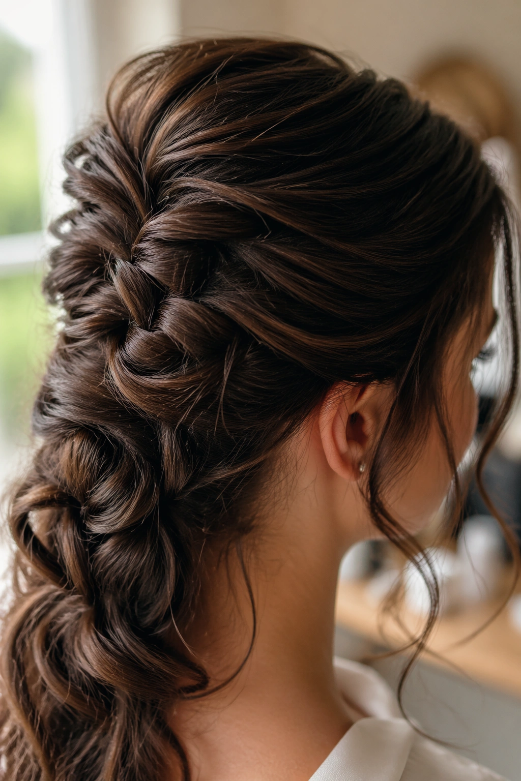 Close-up messy braid with tendrils on brunette hair by bedroom vanity