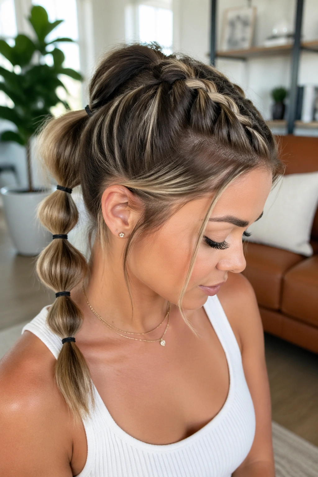 Real person with braid-based bubble ponytail