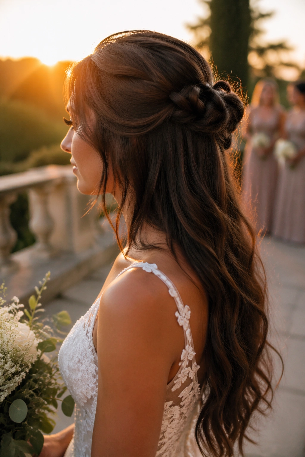 Brunette braided bun detail from side profile