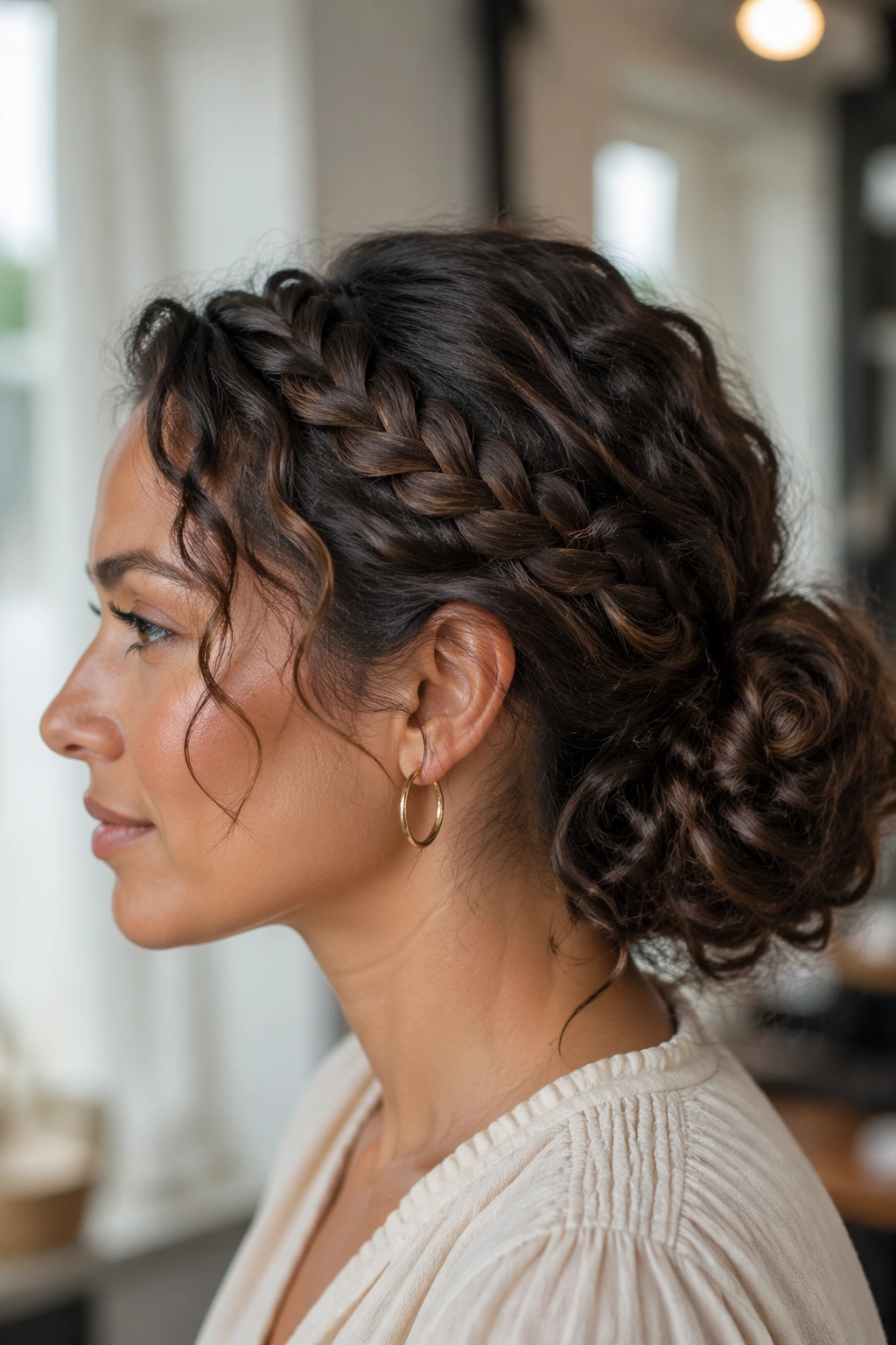 Close-up of a woman with a loose front braid around a low bun