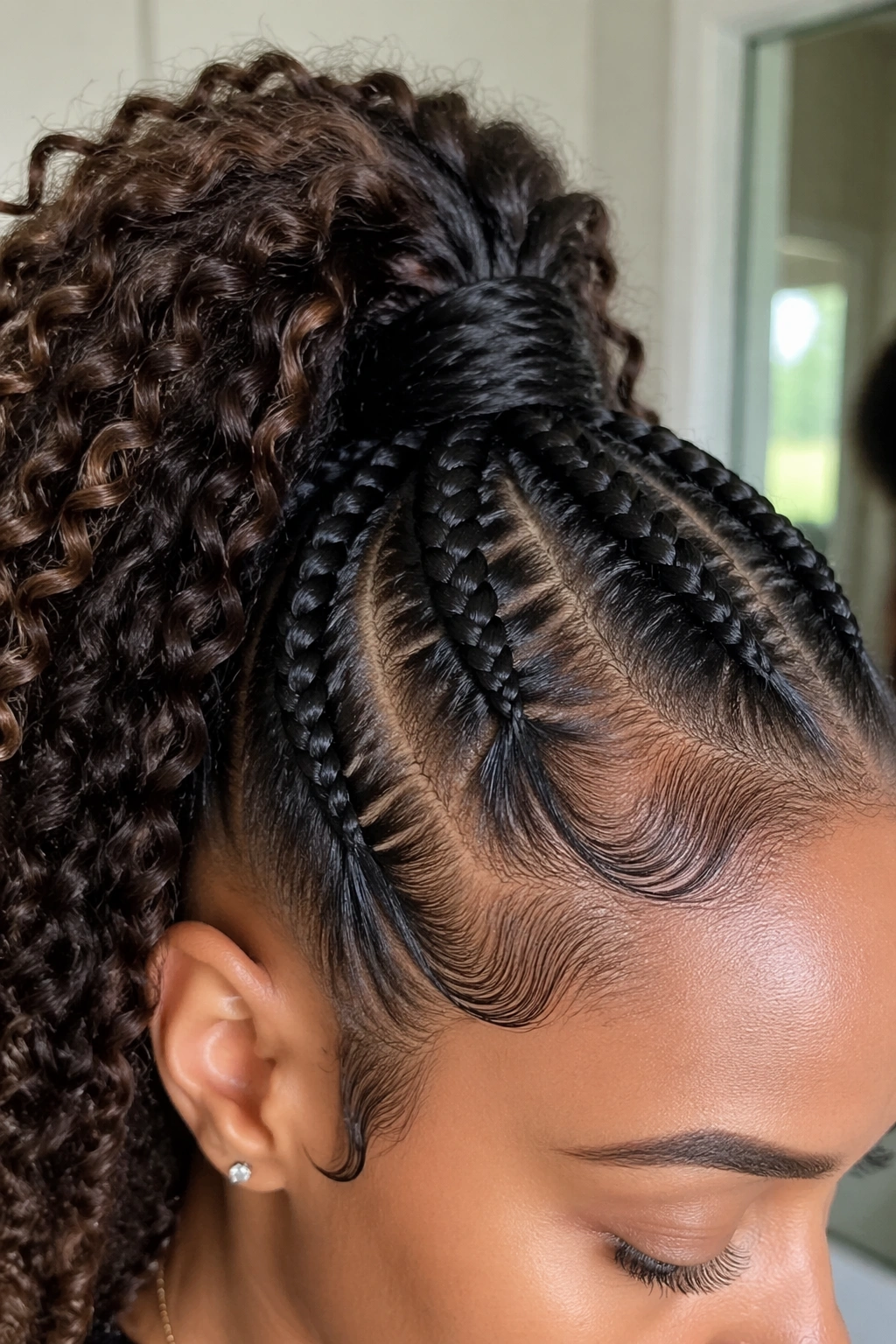Close-up of a high stitch braid ponytail on curly hair at the crown.