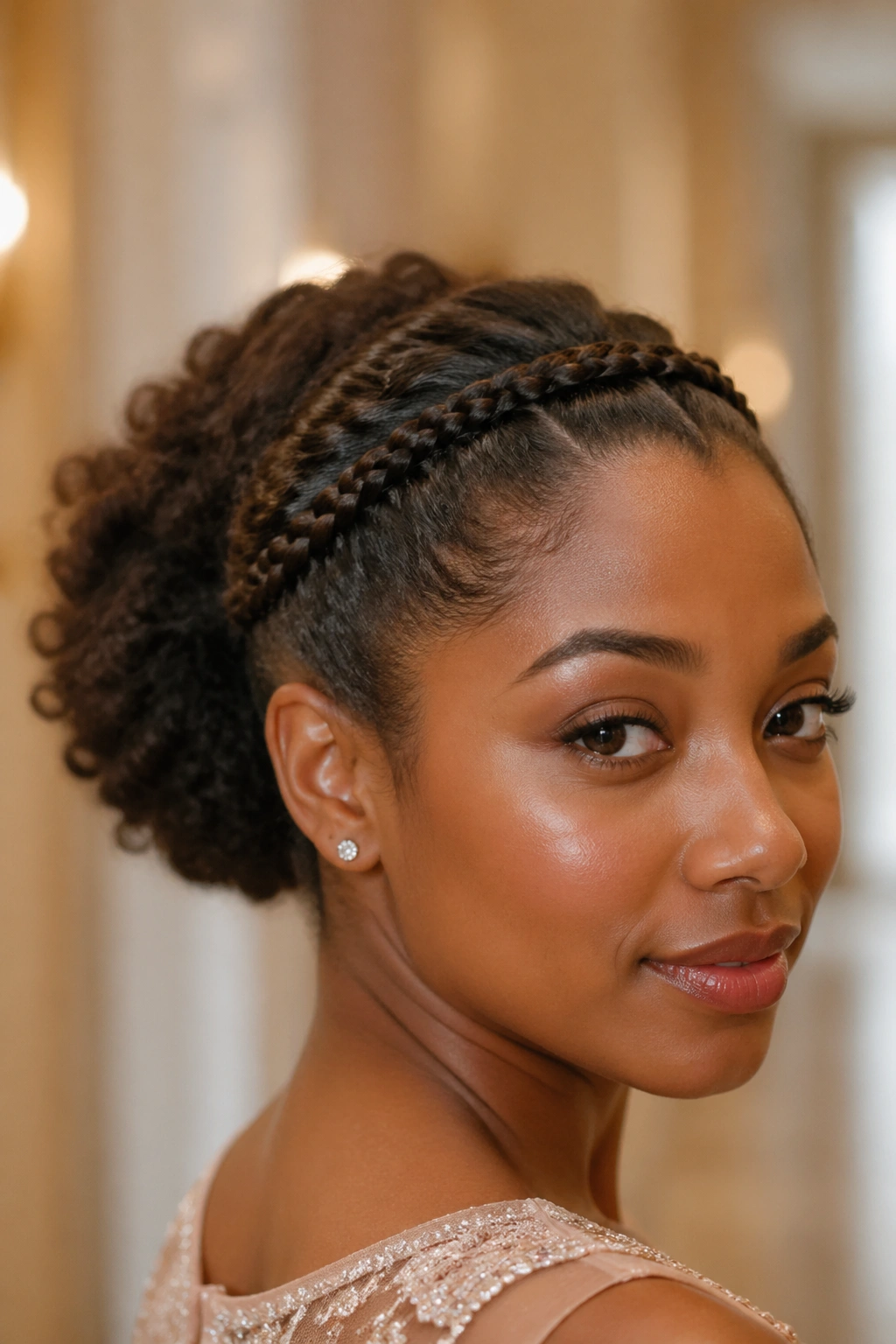 Close-up of a real woman with a braided crown and curly bun in an elegant interior