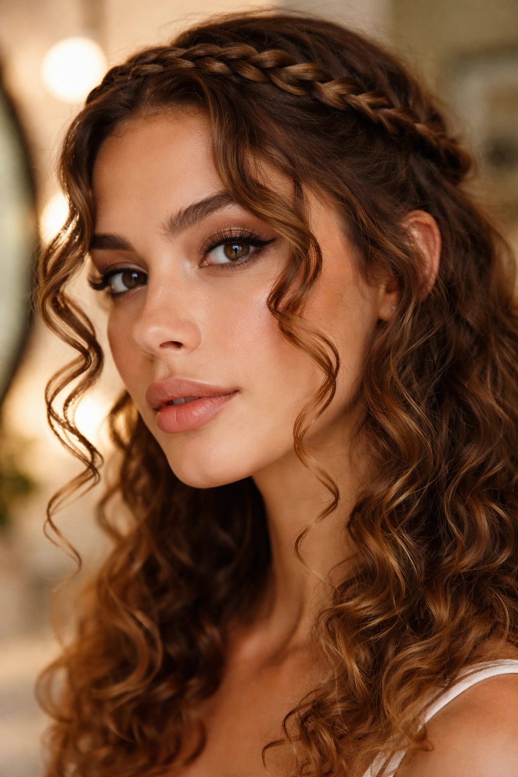 Close-up of braided crown with face-framing curls in warm bathroom light