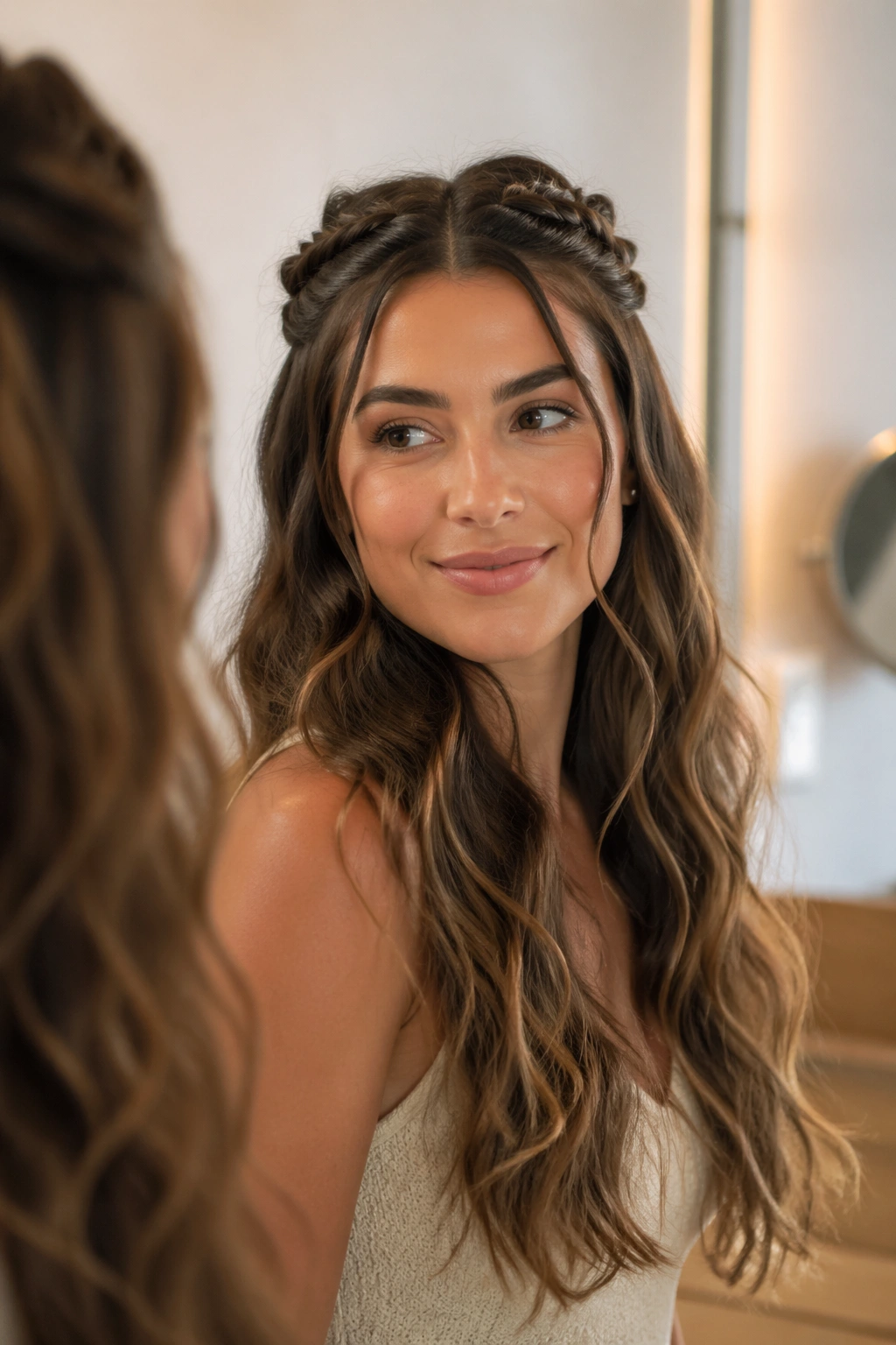 Real woman with a half-up braid crown across the top of her head