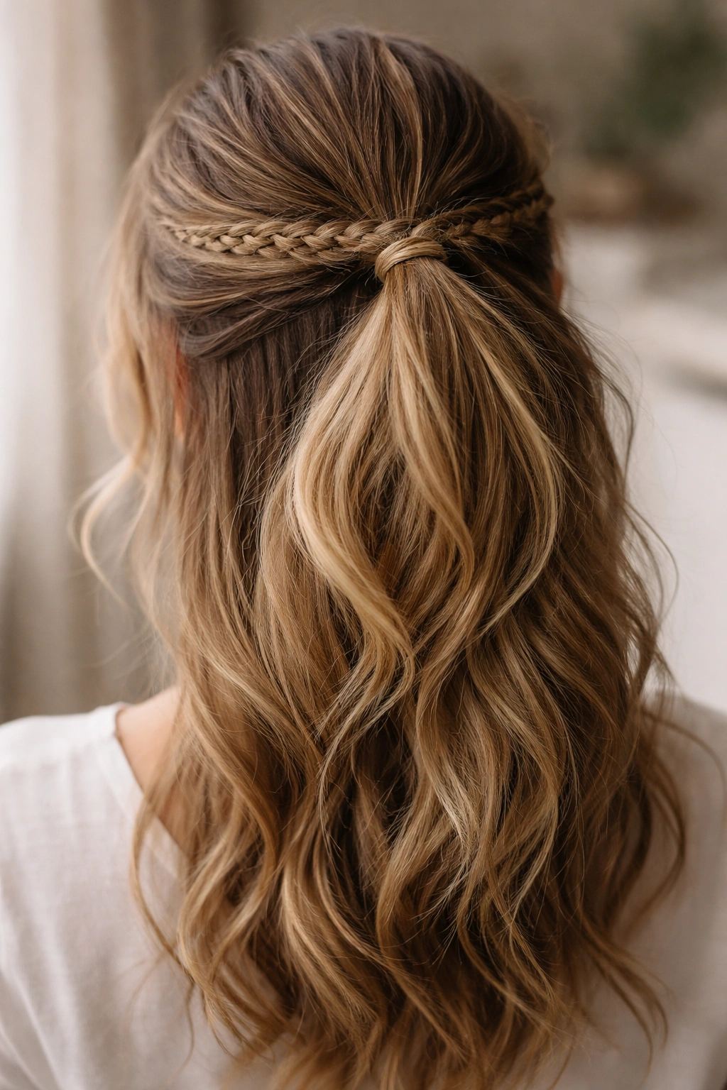 Close-up crown with a narrow braid above elastic in a half-up ponytail