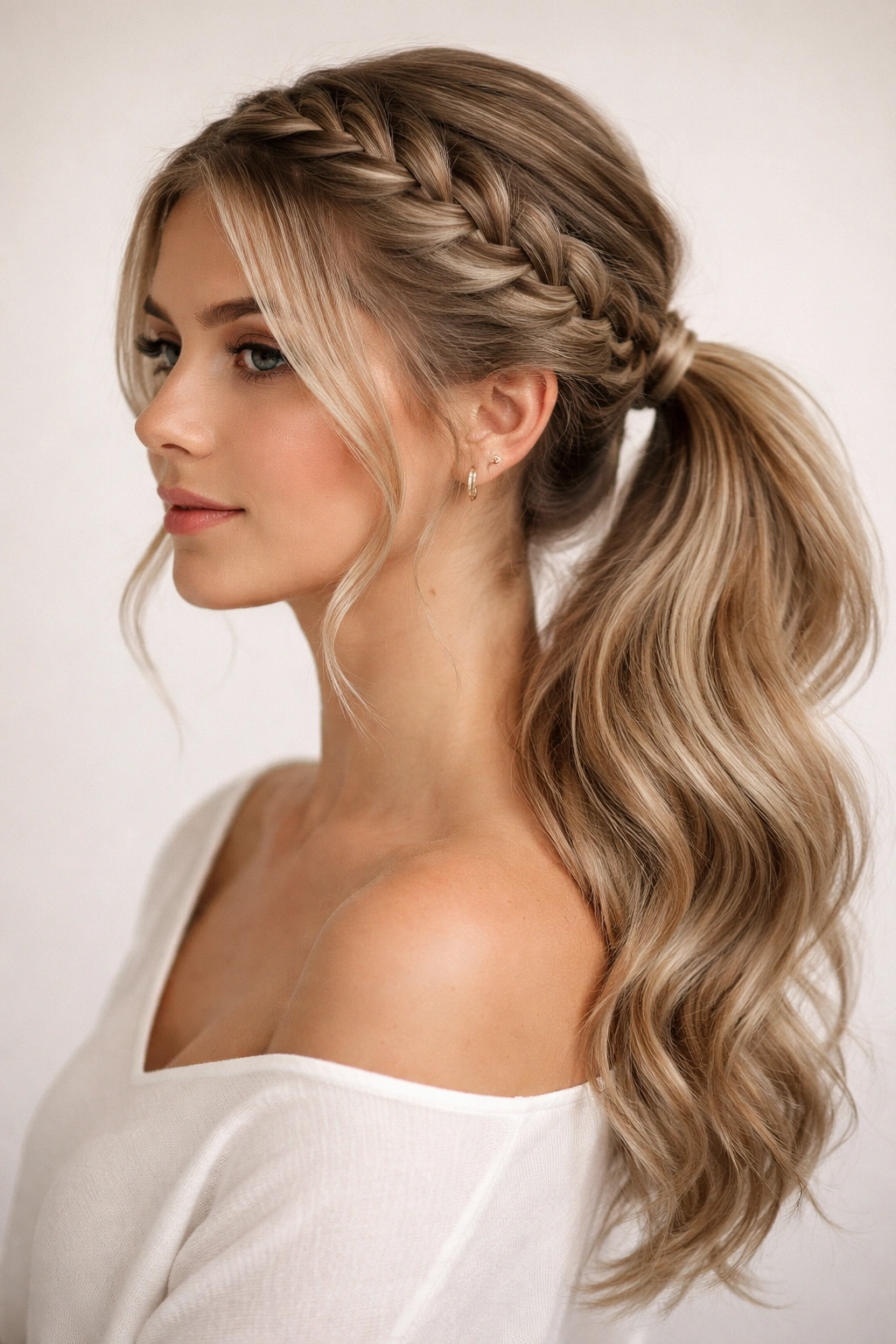 Side pony with braid crown along the hairline blending into the pony