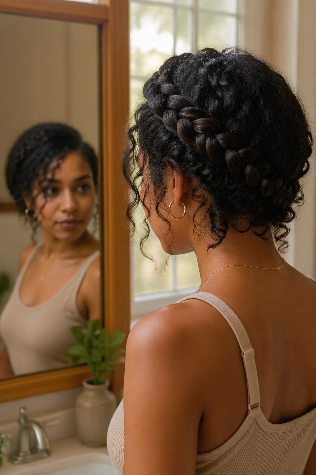 Over-the-shoulder shot of side-swept braid crown