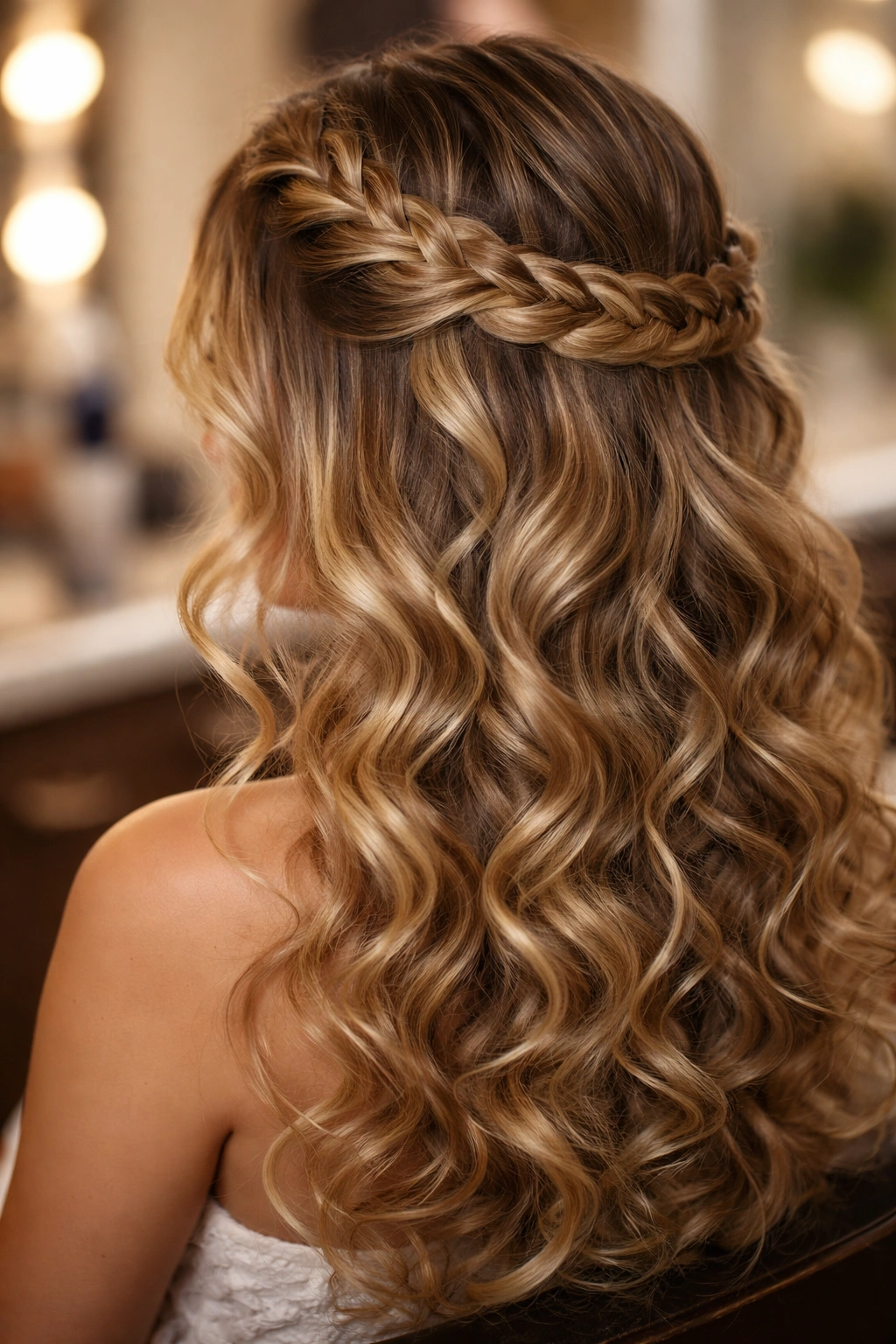 Close-up of a crown braid with loose curls on curly hair